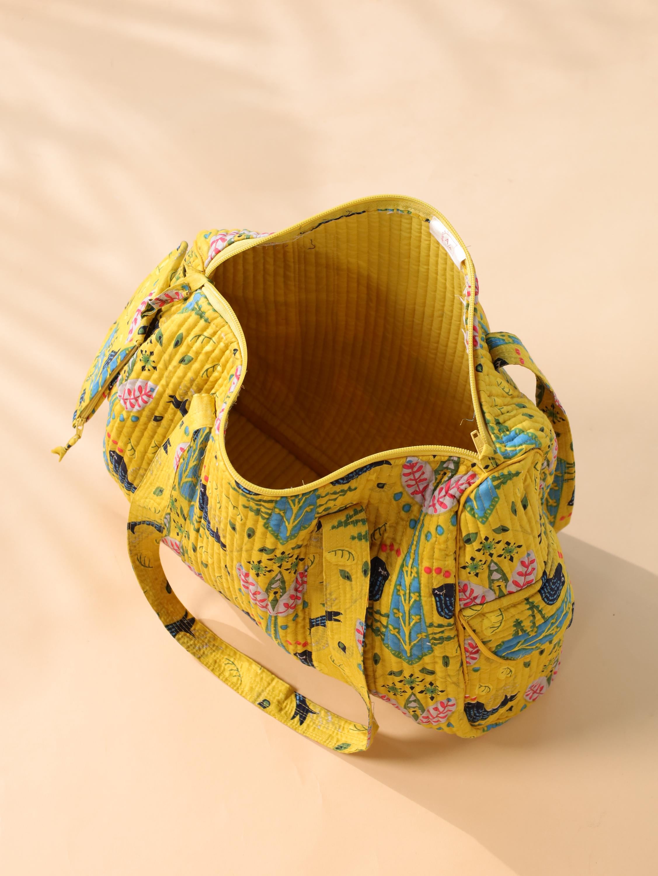 Handcrafted Cotton Weekender Bag - Floral Bird Print Tote in Yellow Blue