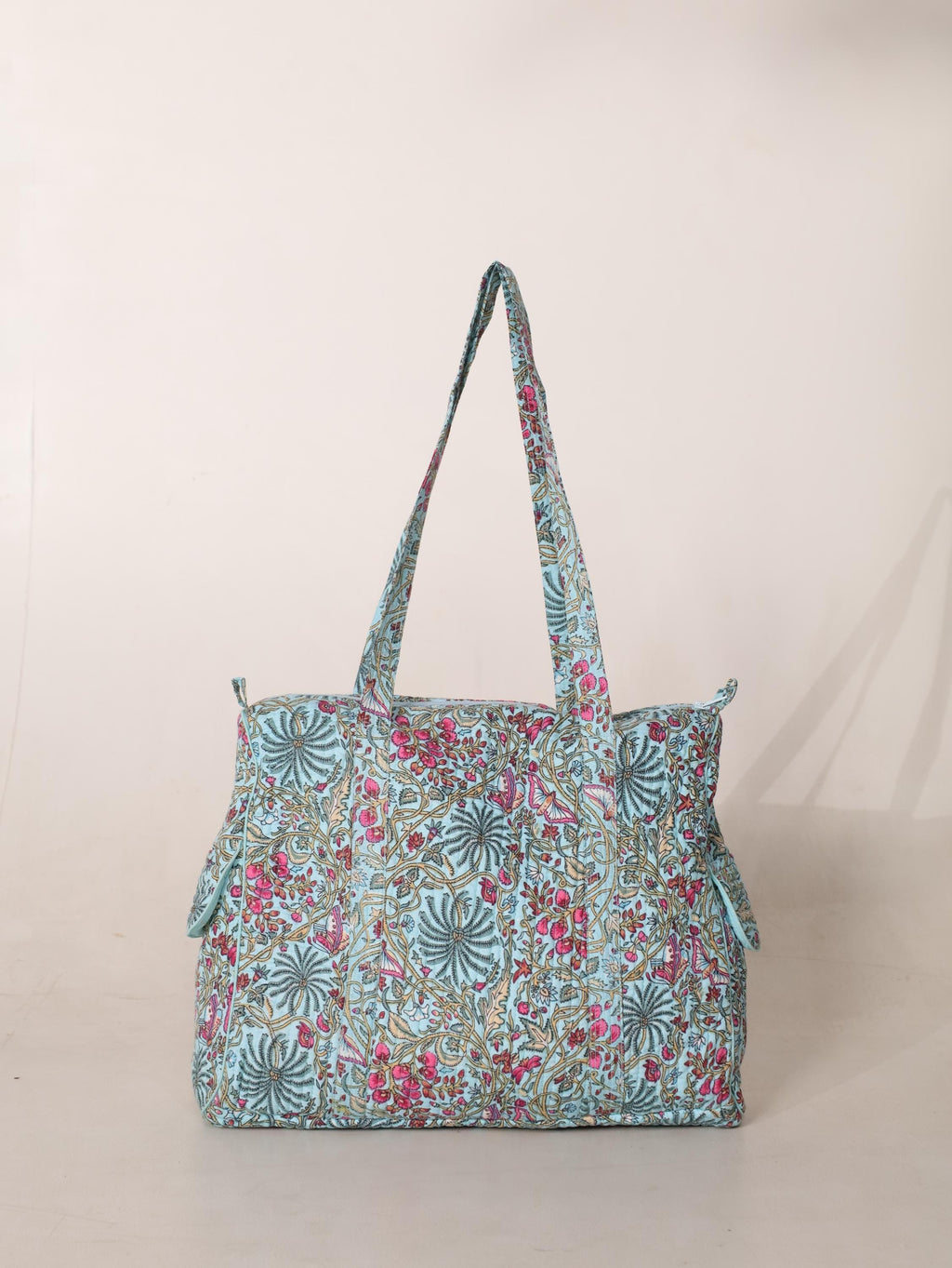 Floral Cotton Weekender Bag - Handcrafted Travel Tote in Teal Blue Pink Floral