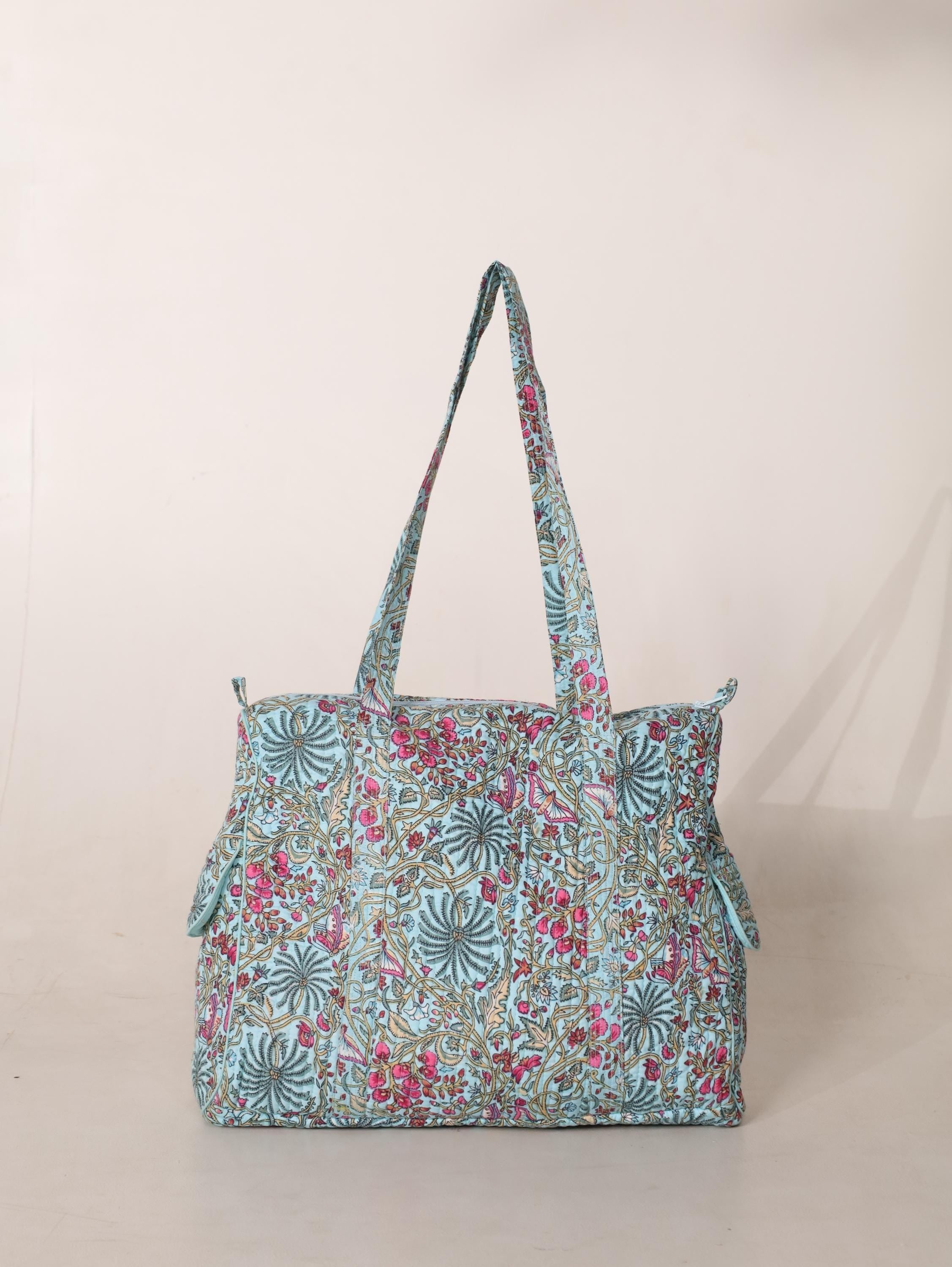 Floral Cotton Weekender Bag - Handcrafted Travel Tote in Teal Blue Pink Floral