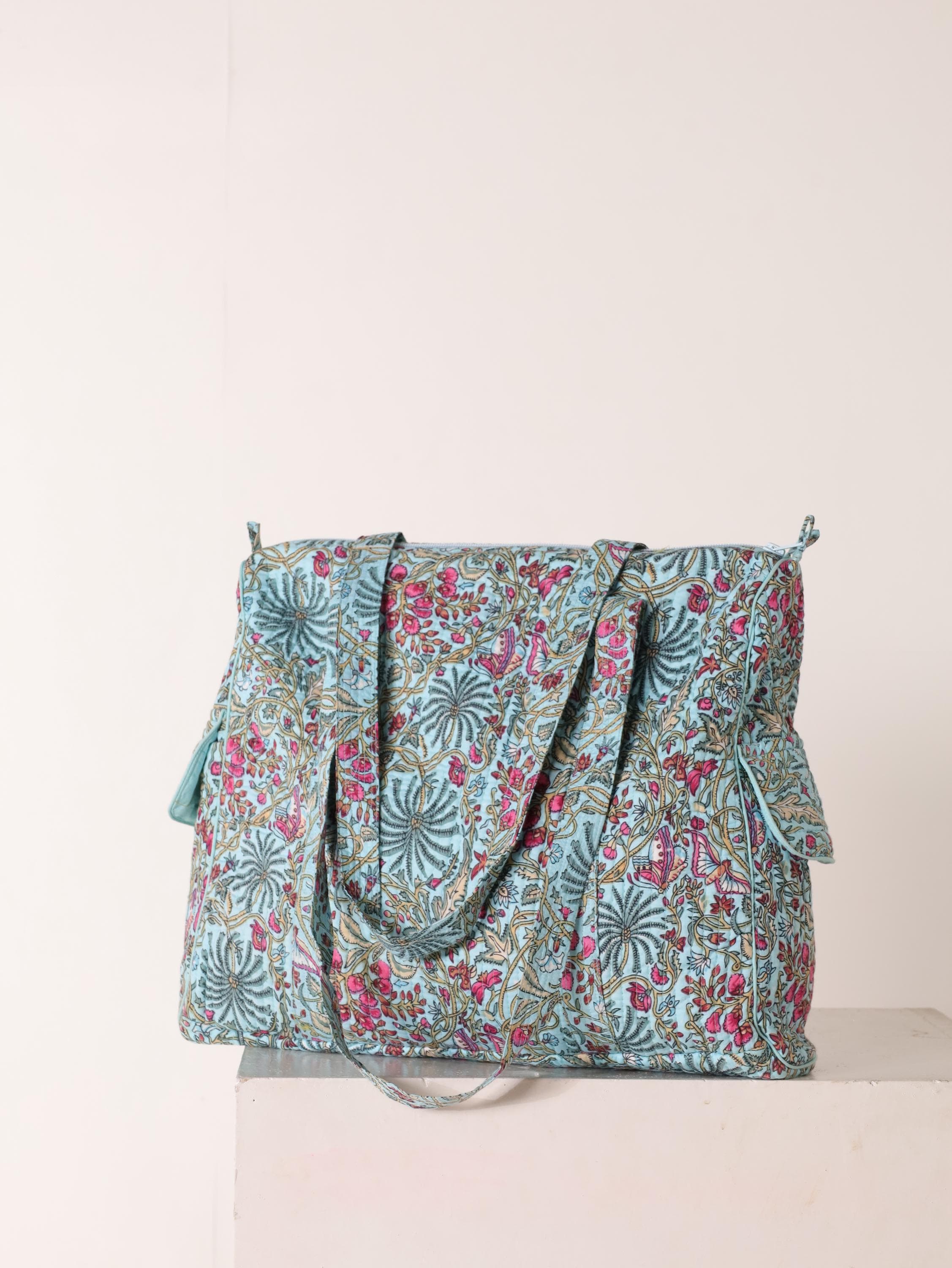 Floral Cotton Weekender Bag - Handcrafted Travel Tote in Teal Blue Pink Floral