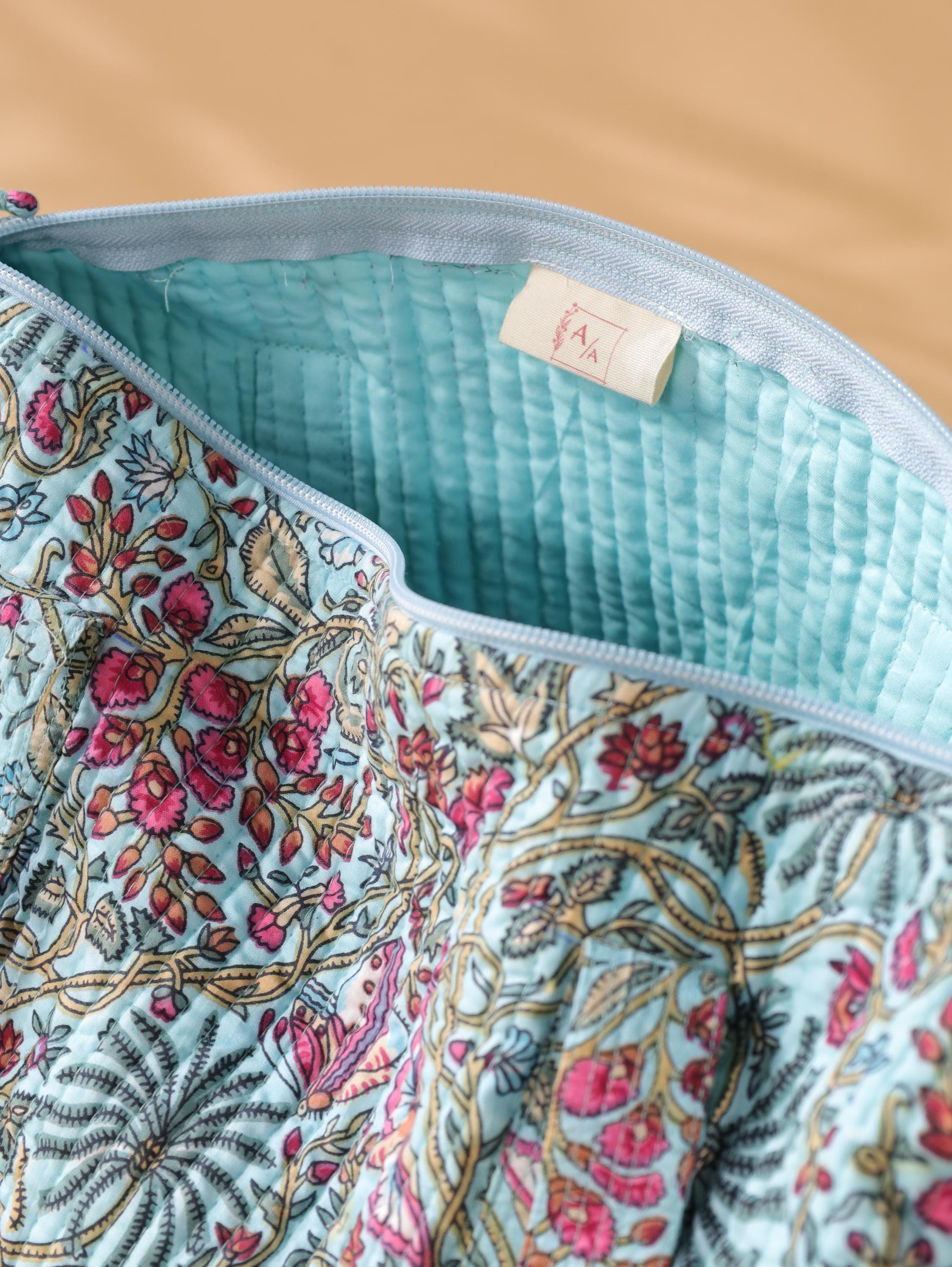 Floral Cotton Weekender Bag - Handcrafted Travel Tote in Teal Blue Pink Floral