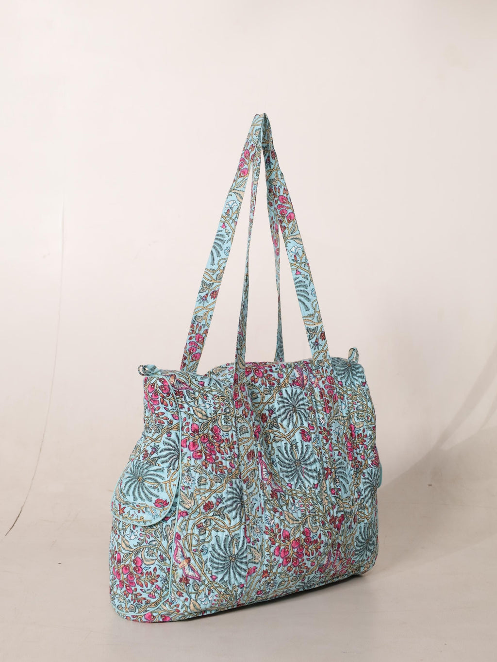 Floral Cotton Weekender Bag - Handcrafted Travel Tote in Teal Blue Pink Floral
