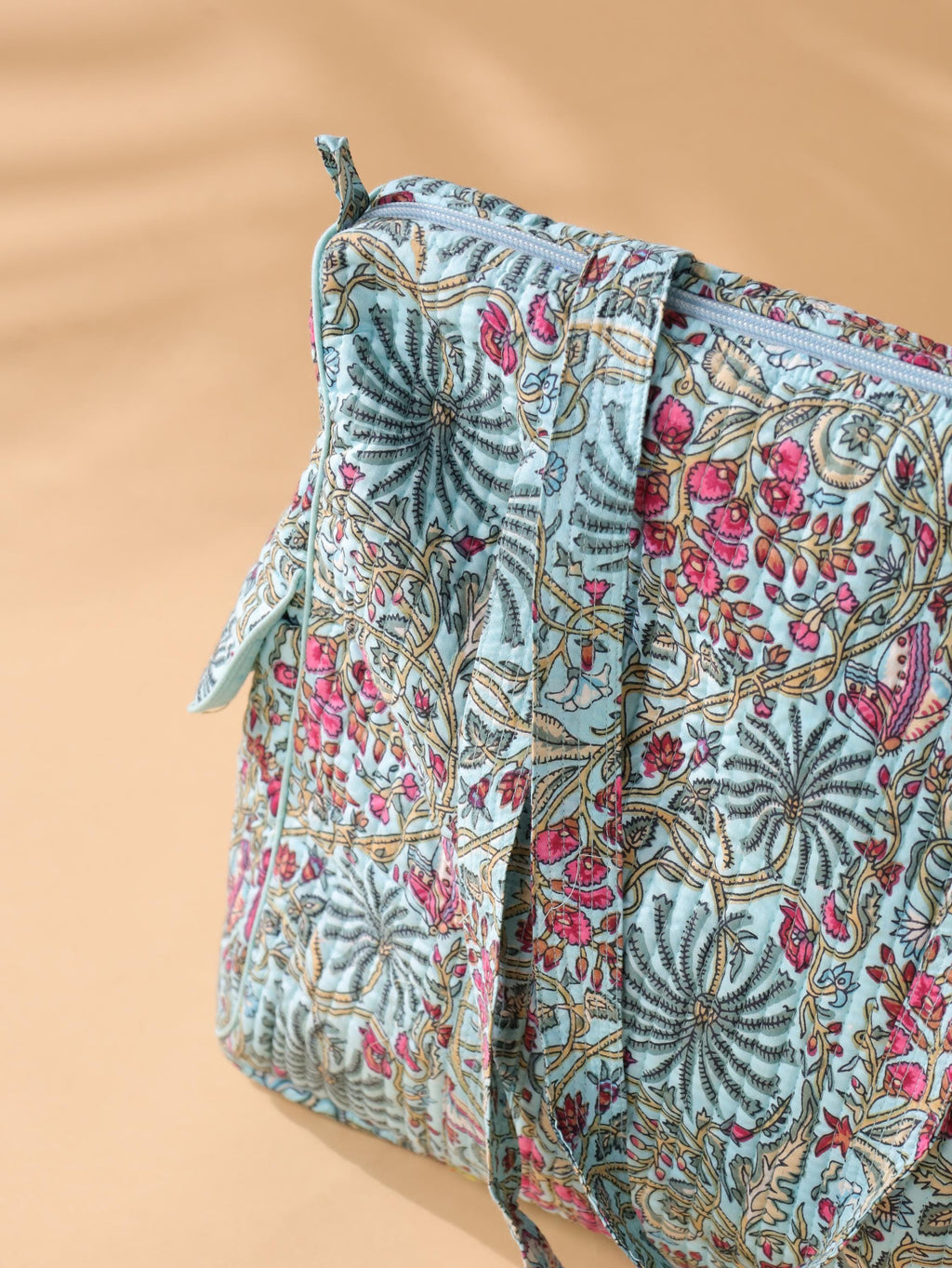 Floral Cotton Weekender Bag - Handcrafted Travel Tote in Teal Blue Pink Floral