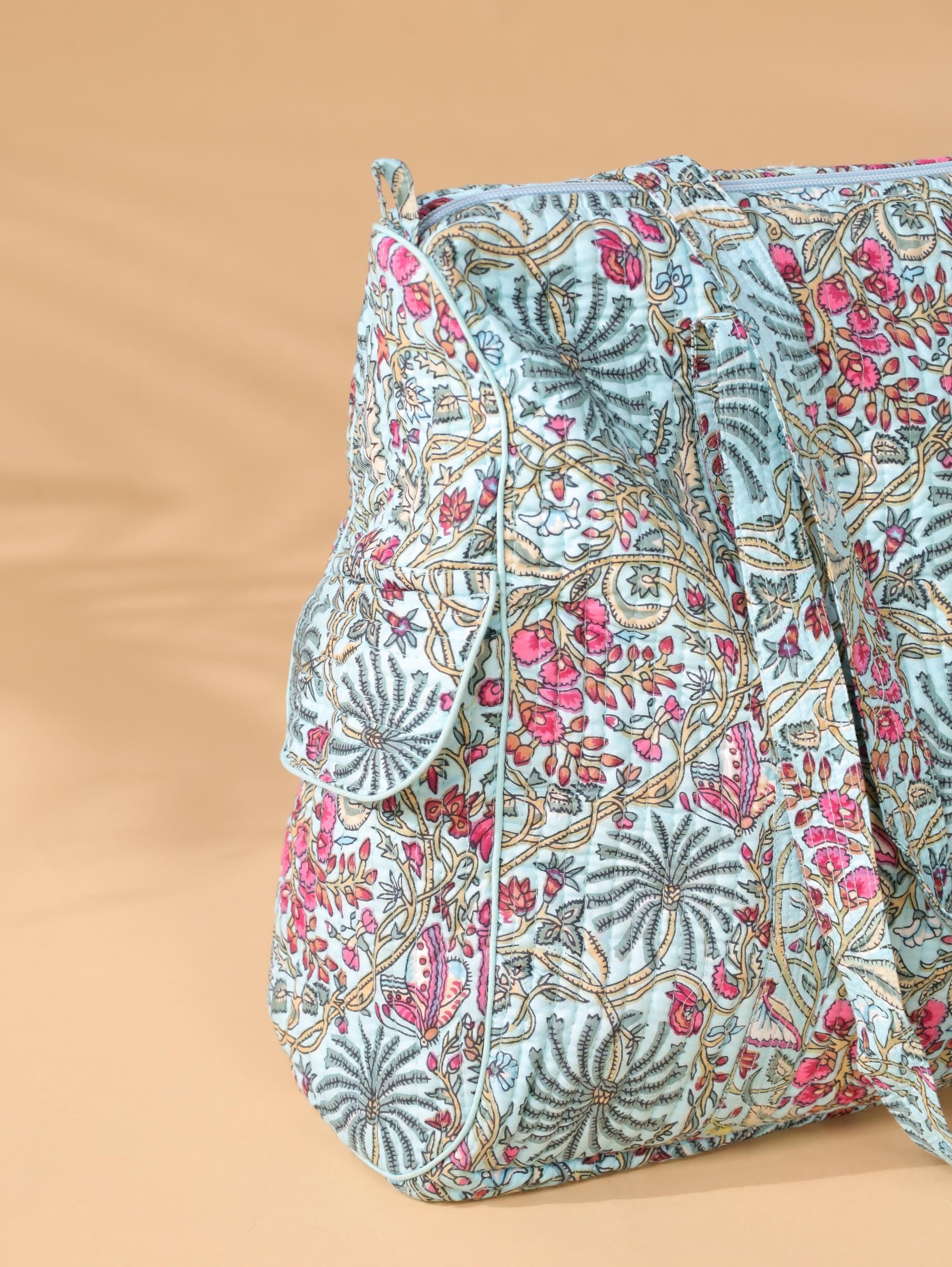 Floral Cotton Weekender Bag - Handcrafted Travel Tote in Teal Blue Pink Floral