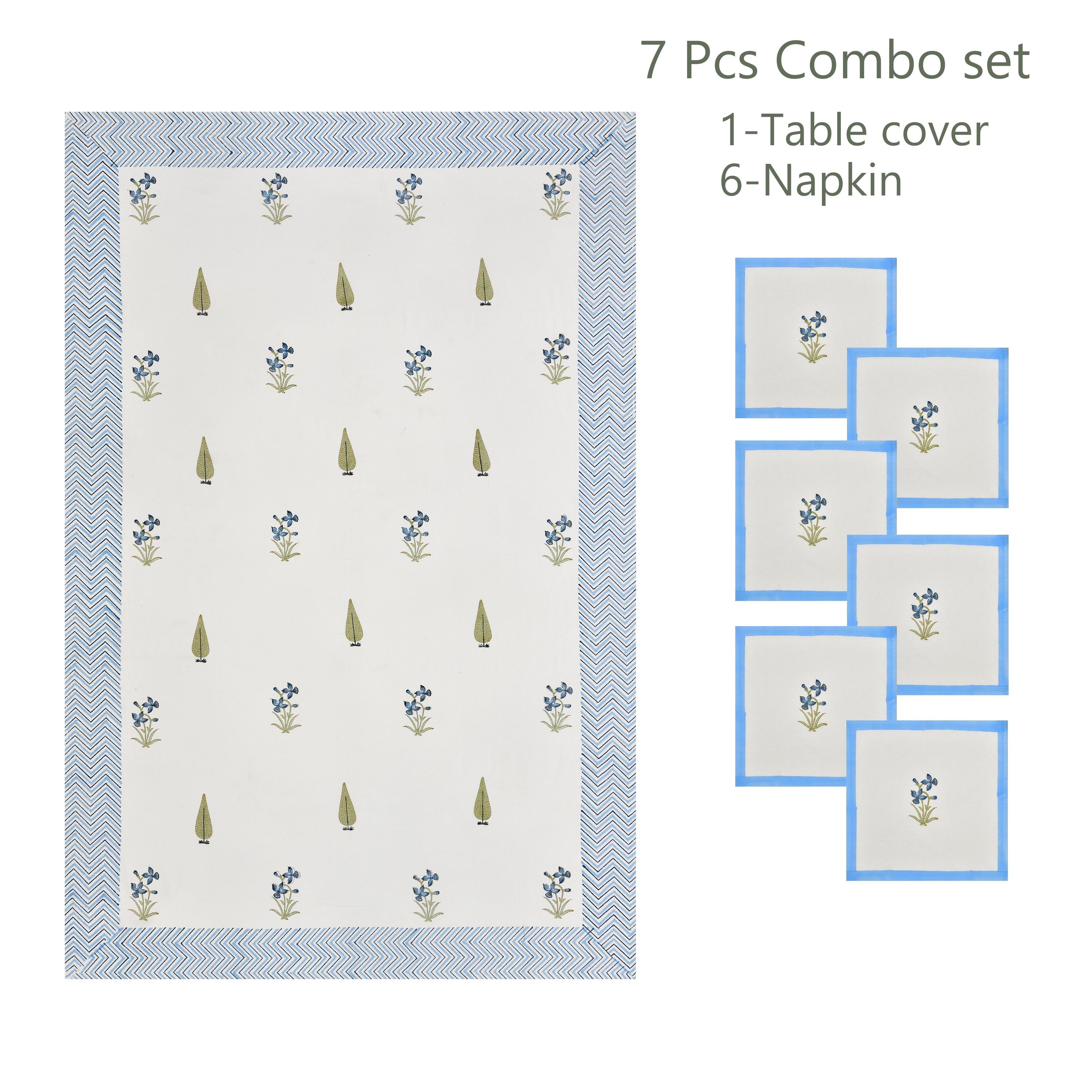 Handmade Block Print Tablecloth and Napkin Set – Spring Floral Cotton Linen