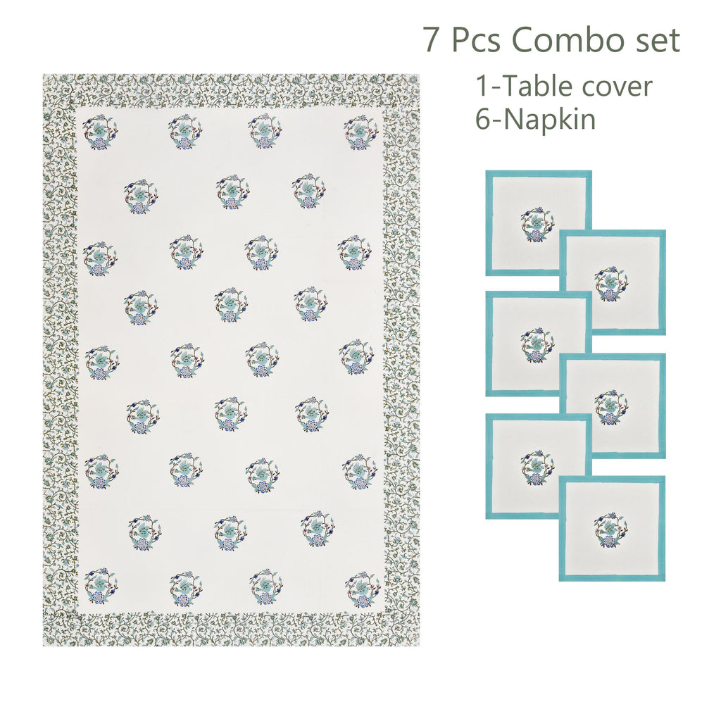 Spring Dining Table Cover with Napkin Set of 6 - Handmade Floral Block Print Tablecloth