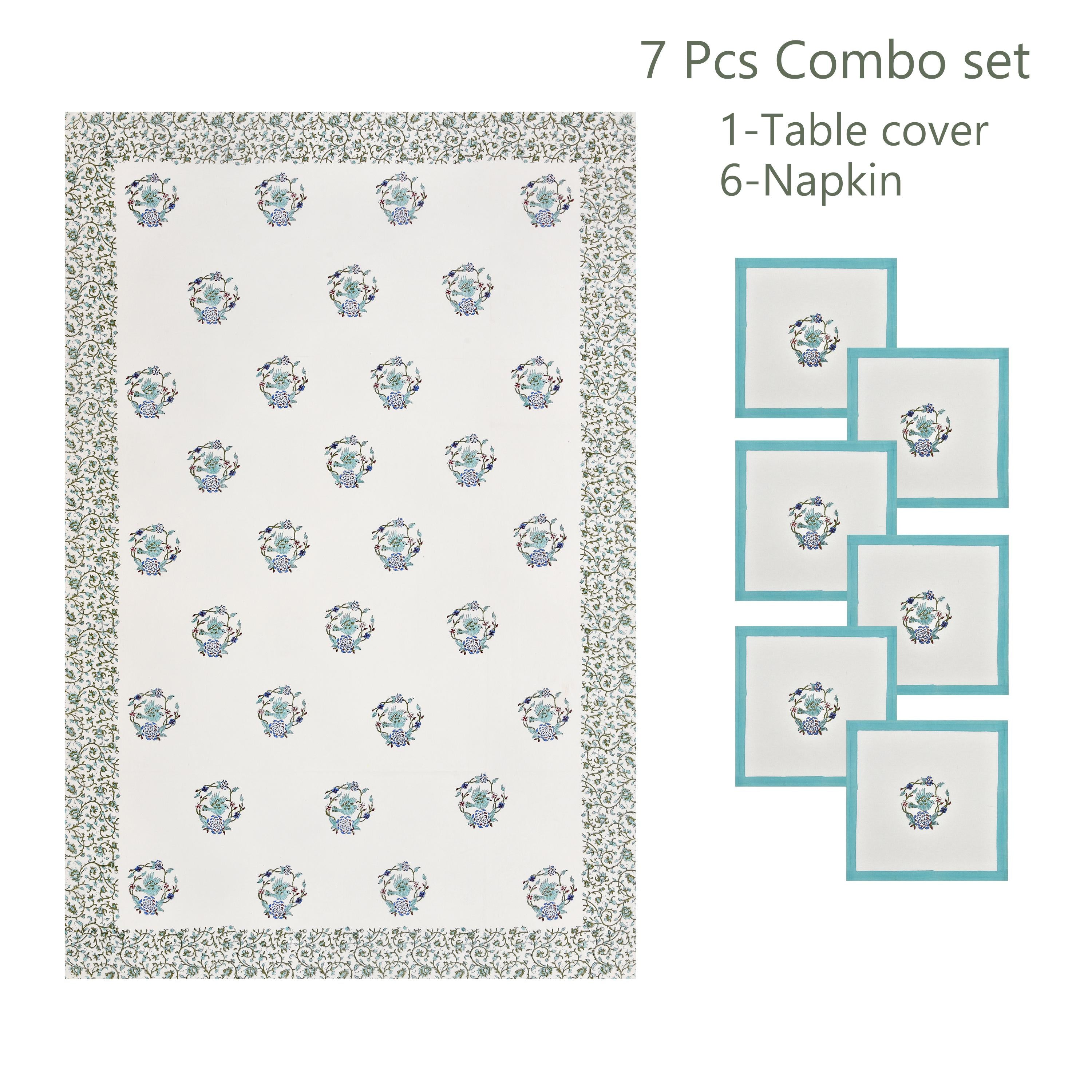 Spring Dining Table Cover with Napkin Set of 6 - Handmade Floral Block Print Tablecloth