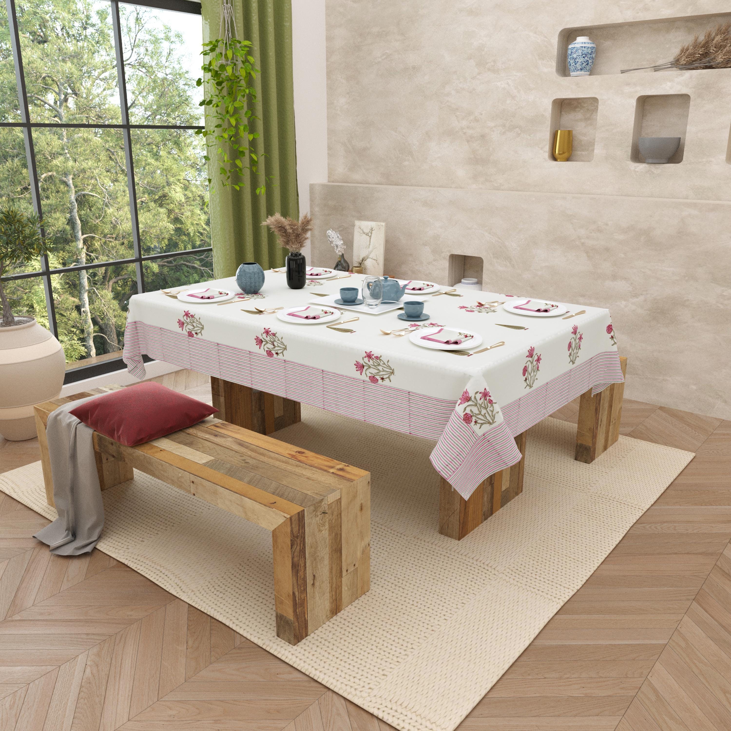 Spring Dining Table Cover with Napkin Set of 6 - Handmade Block Print Tablecloth
