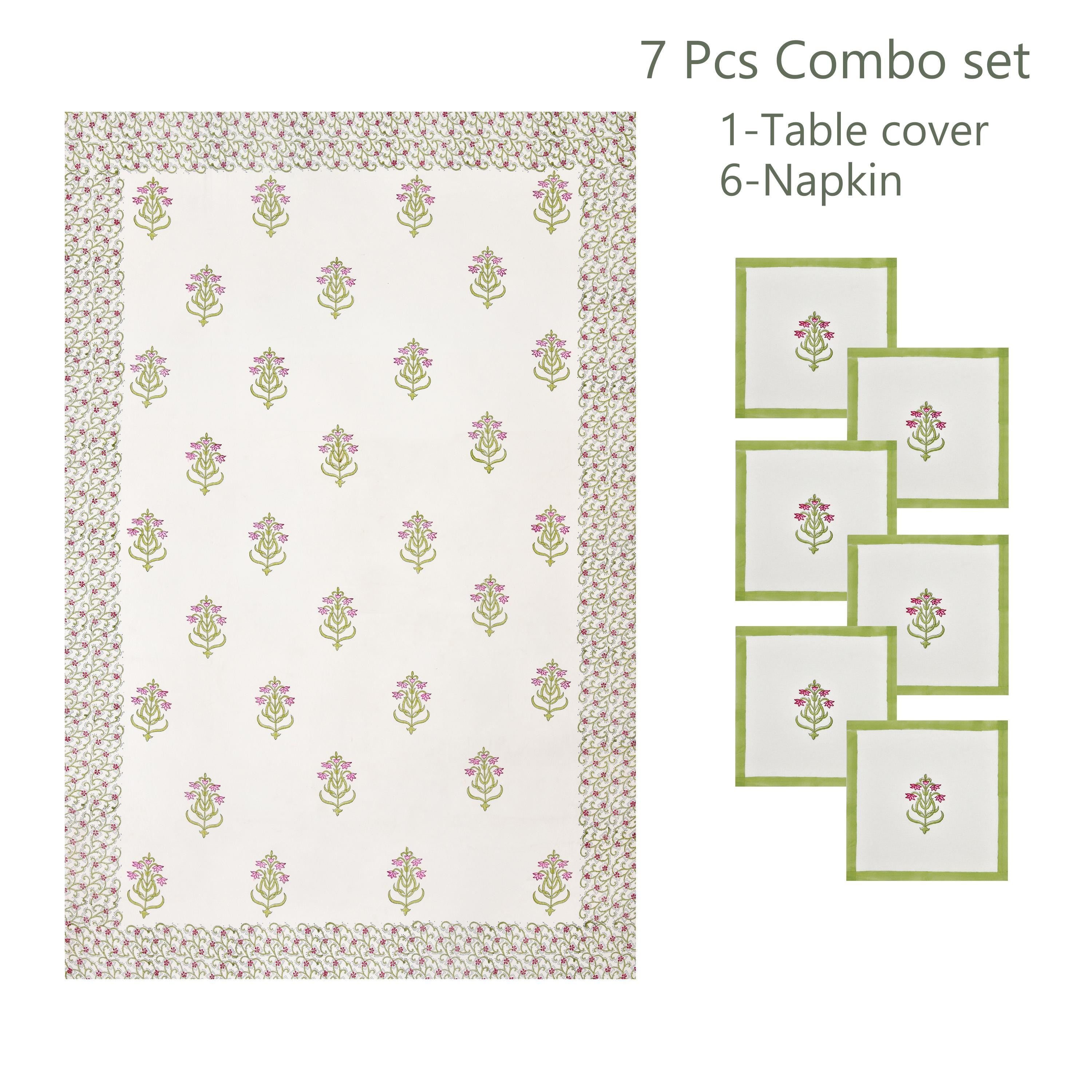 Spring Dining Table Cover with Napkin Set of 6 - Handmade Block Print Tablecloth with Matching Napkins