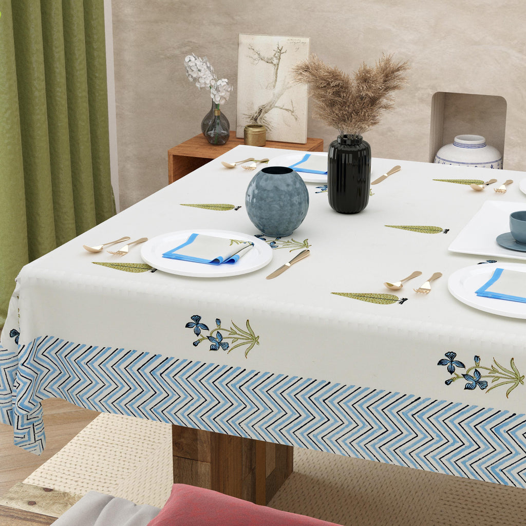 Handmade Block Print Tablecloth and Napkin Set – Spring Floral Cotton Linen