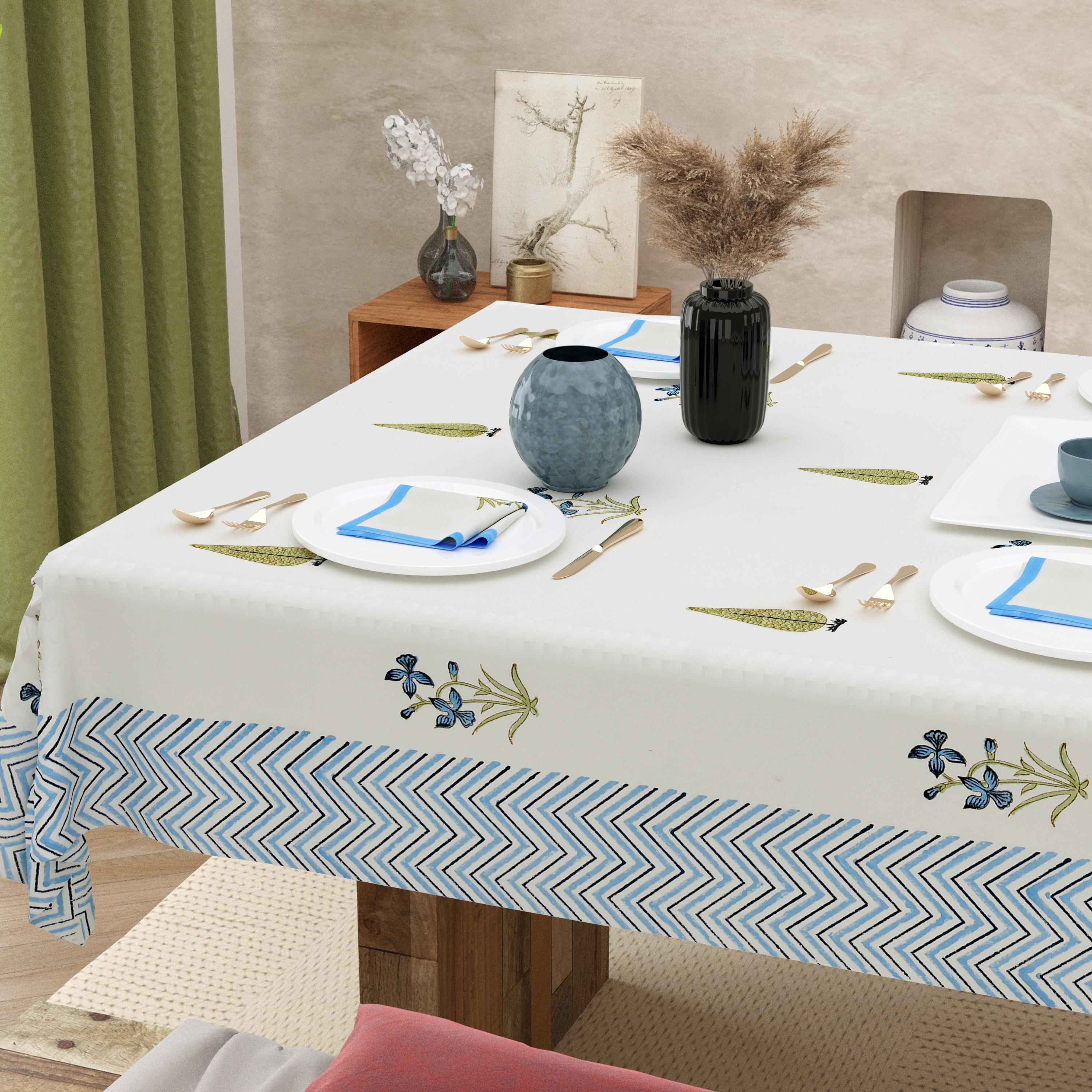 Handmade Block Print Tablecloth and Napkin Set – Spring Floral Cotton Linen