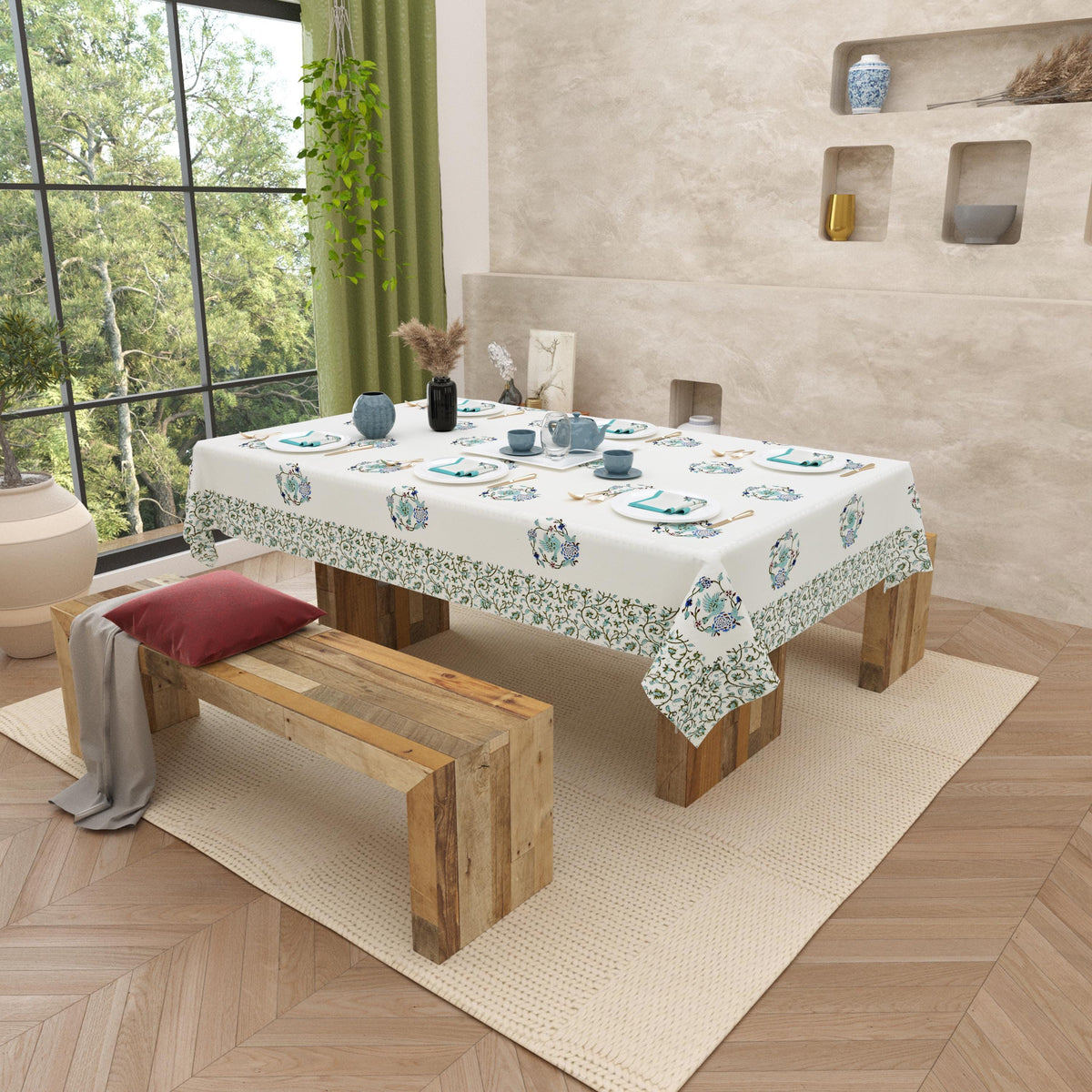 Spring Dining Table Cover with Napkin Set of 6 - Handmade Floral Block Print Tablecloth