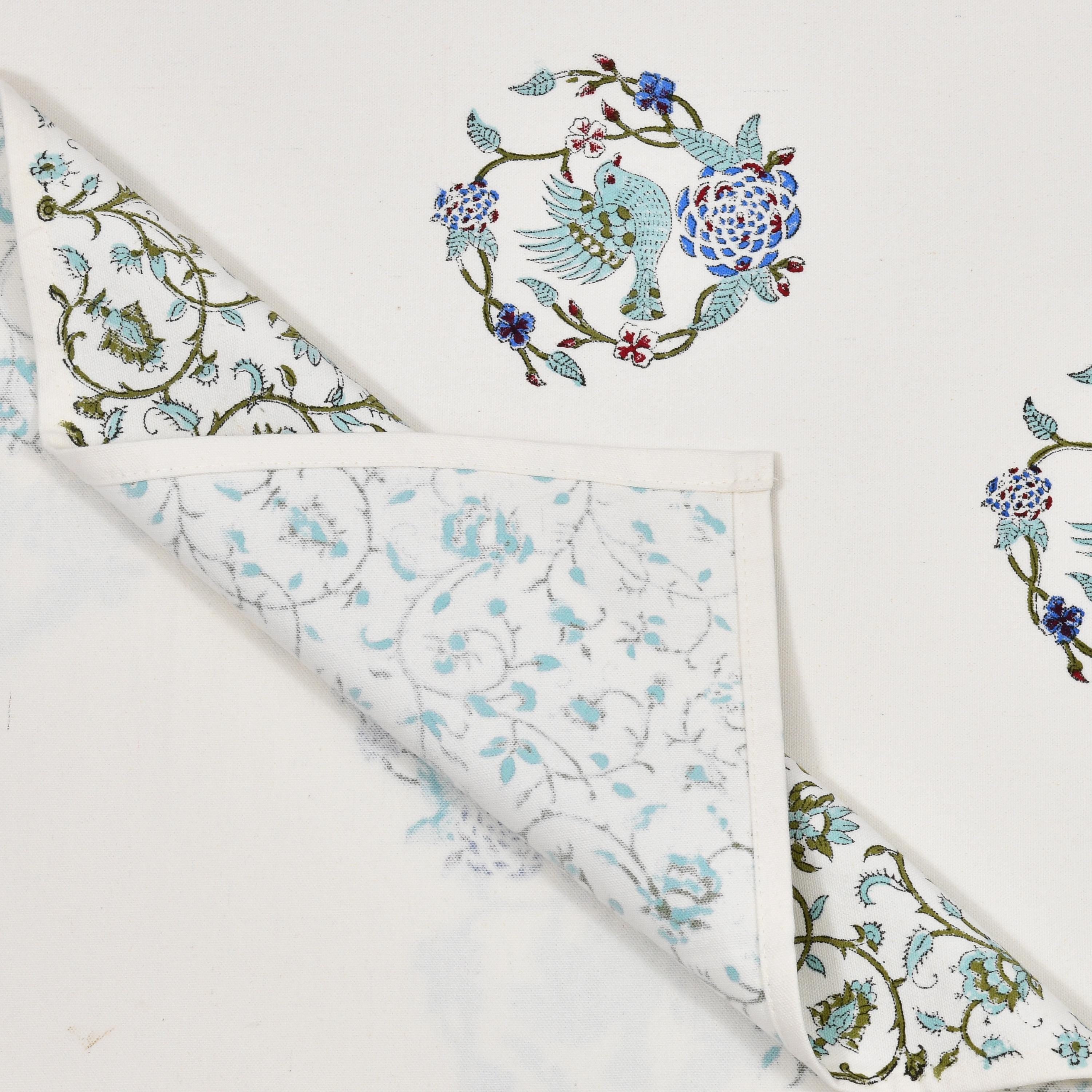 Spring Dining Table Cover with Napkin Set of 6 - Handmade Floral Block Print Tablecloth
