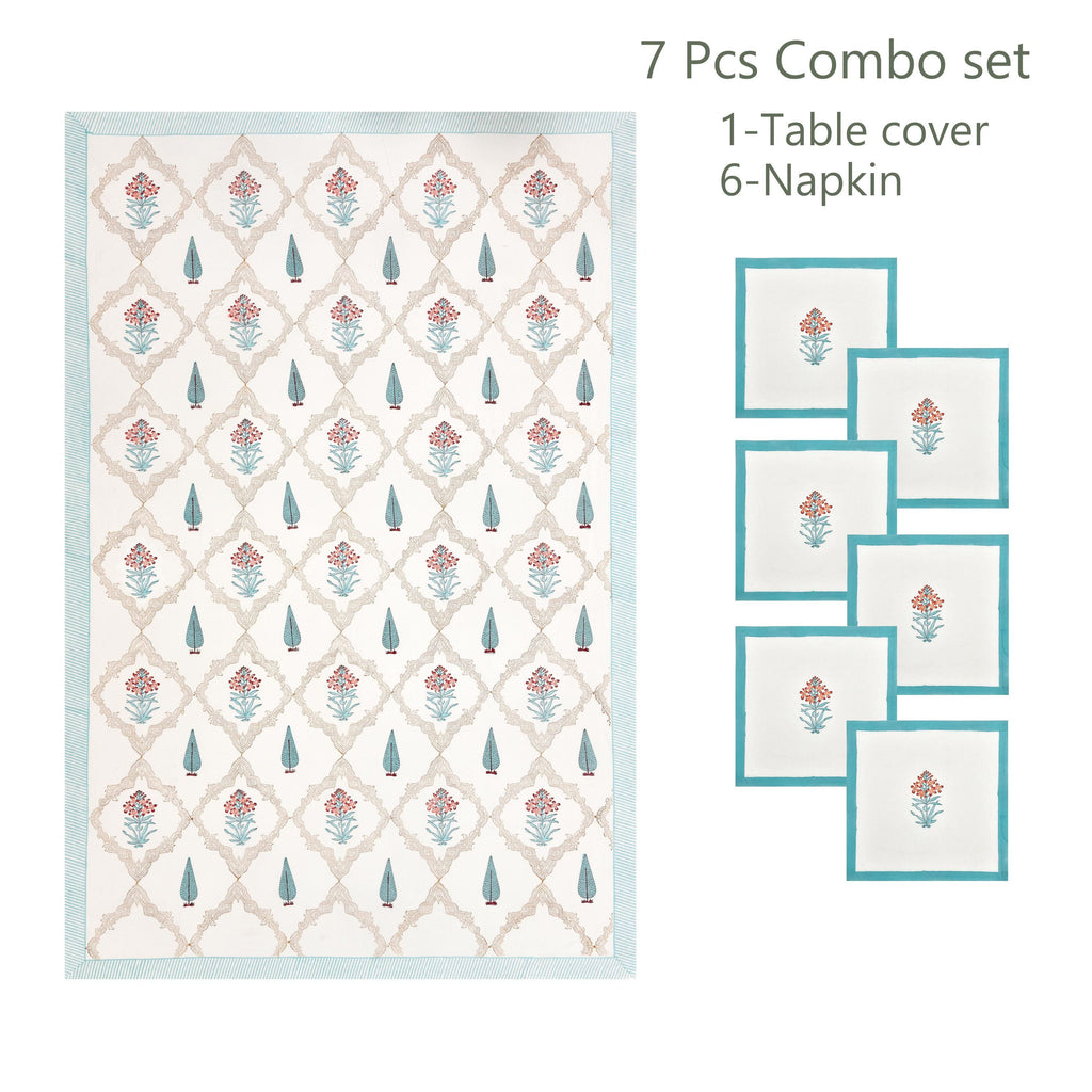 Handmade Floral Block Print Tablecloth and Napkin Set – Spring Dining Linen