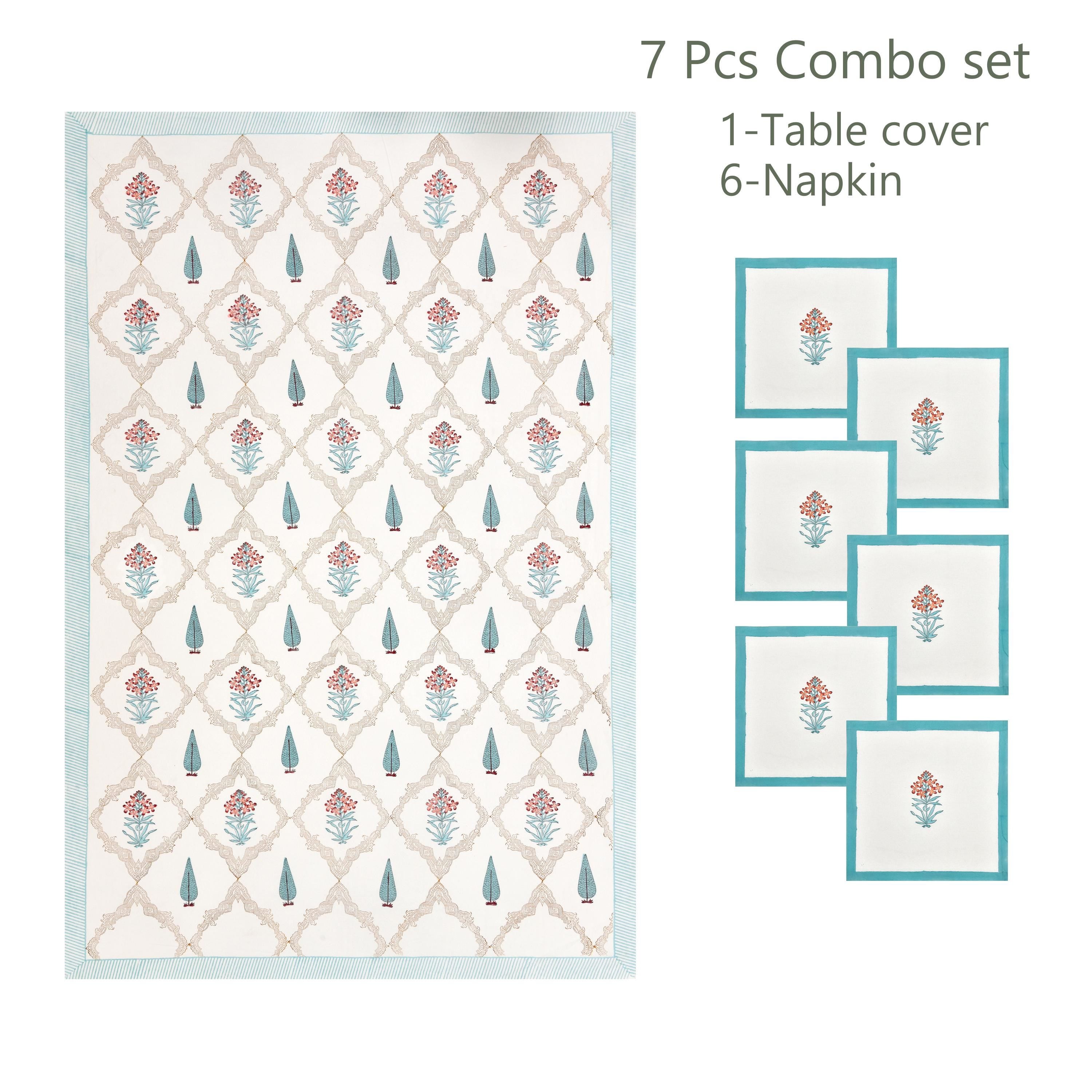 Handmade Floral Block Print Tablecloth and Napkin Set – Spring Dining Linen
