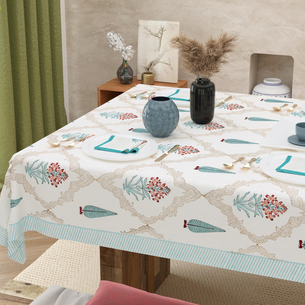 Handmade Floral Block Print Tablecloth and Napkin Set – Spring Dining Linen