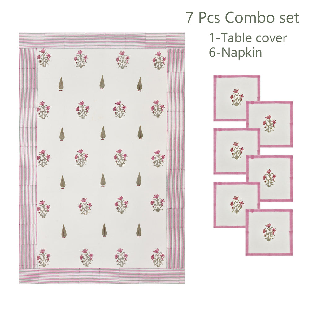 Spring Dining Table Cover with Napkin Set of 6 - Handmade Block Print Tablecloth
