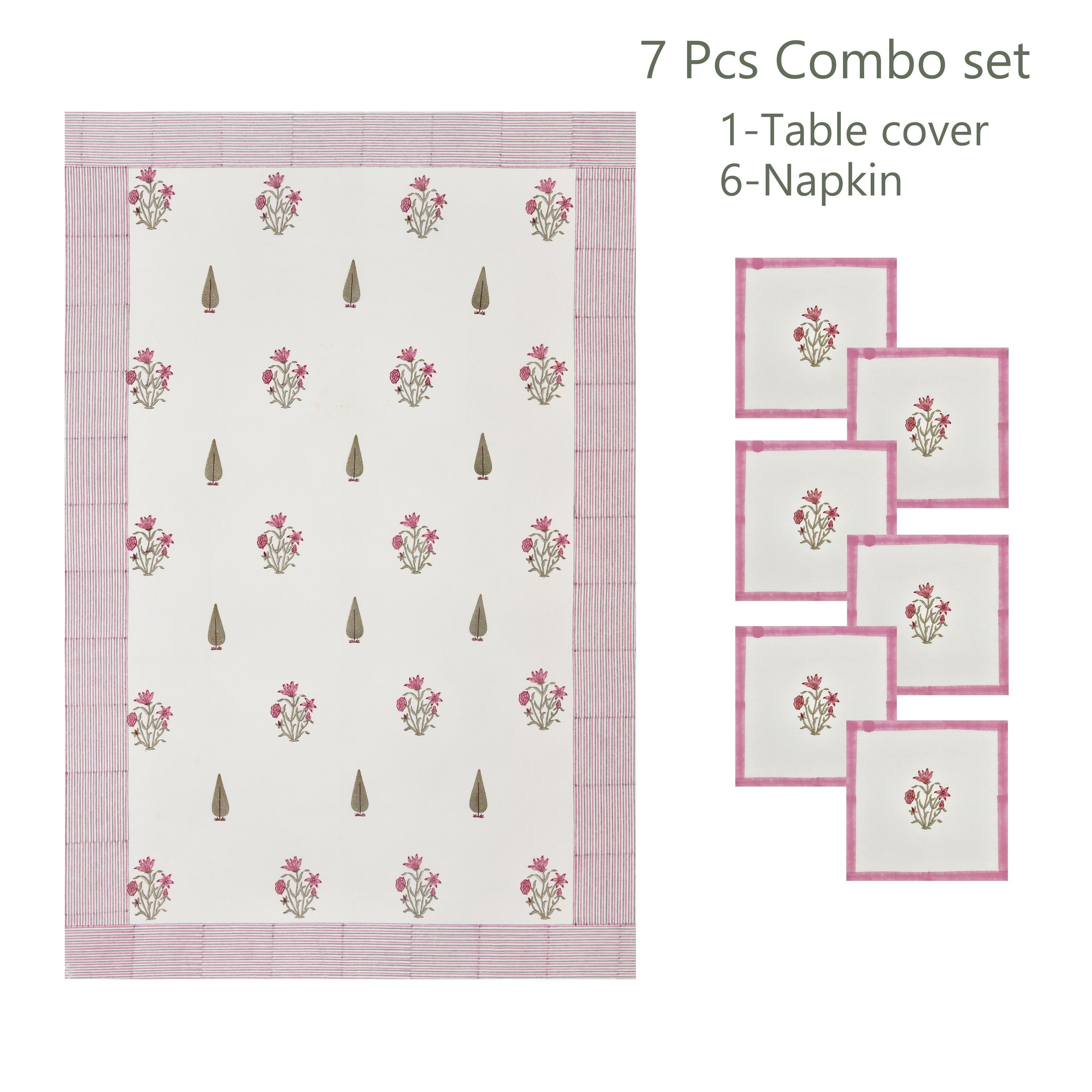Spring Dining Table Cover with Napkin Set of 6 - Handmade Block Print Tablecloth