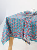 Luxury Floral Block Printed Tablecloth - Handmade Cotton Dining Table Cover with Turquoise Red Floral