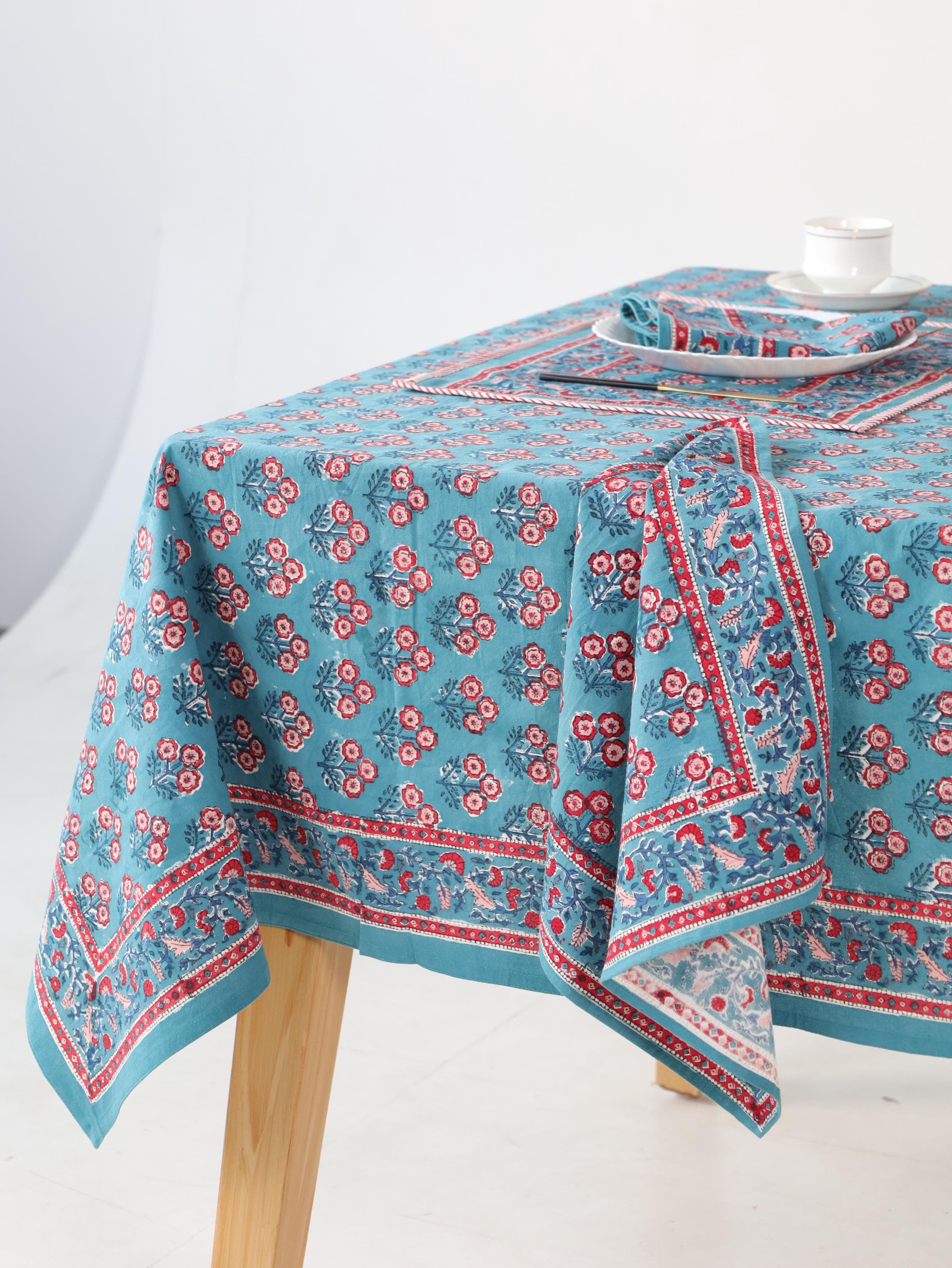 Luxury Floral Block Printed Tablecloth - Handmade Cotton Dining Table Cover with Turquoise Red Floral