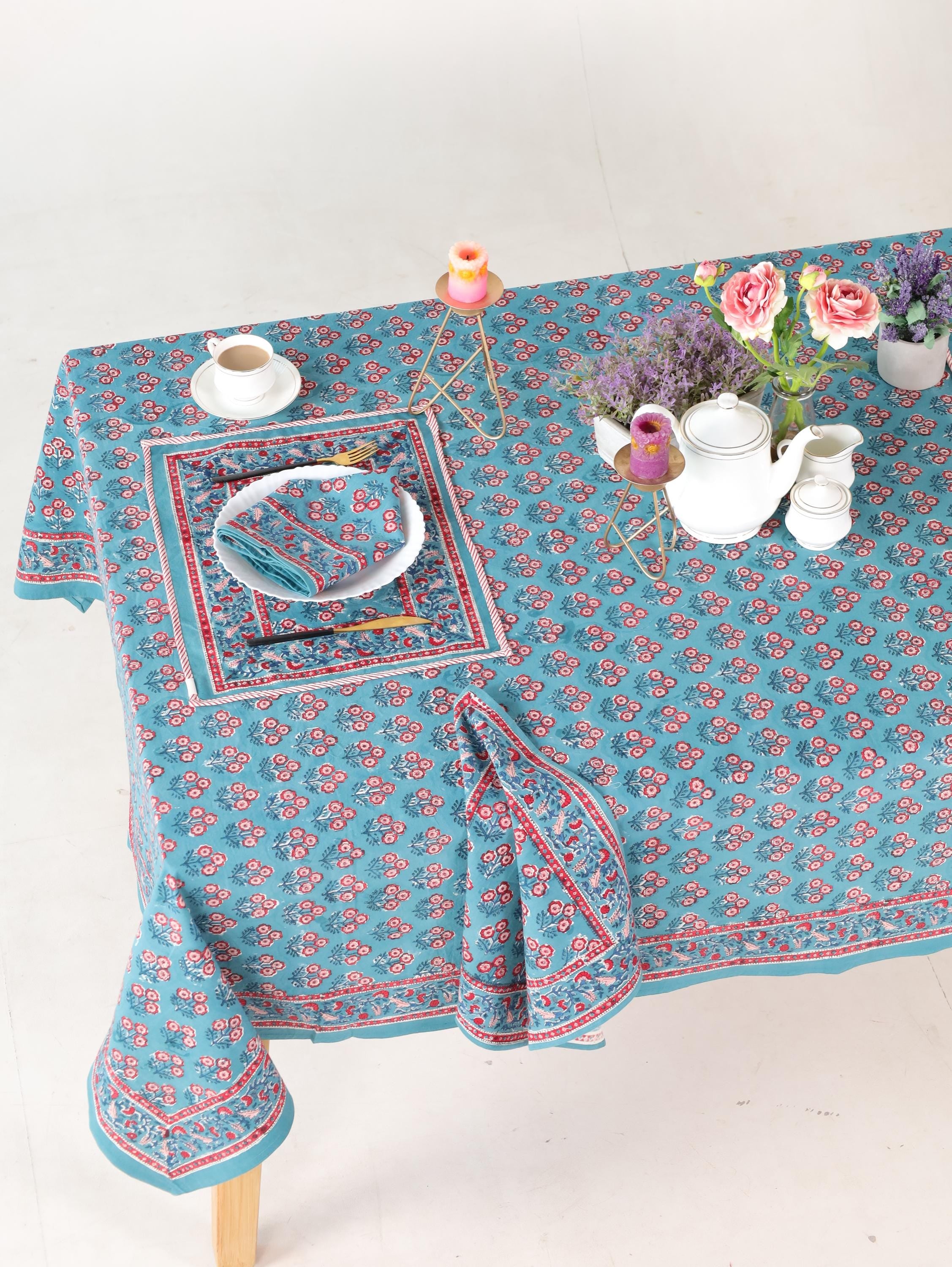 Luxury Floral Block Printed Tablecloth - Handmade Cotton Dining Table Cover with Turquoise Red Floral