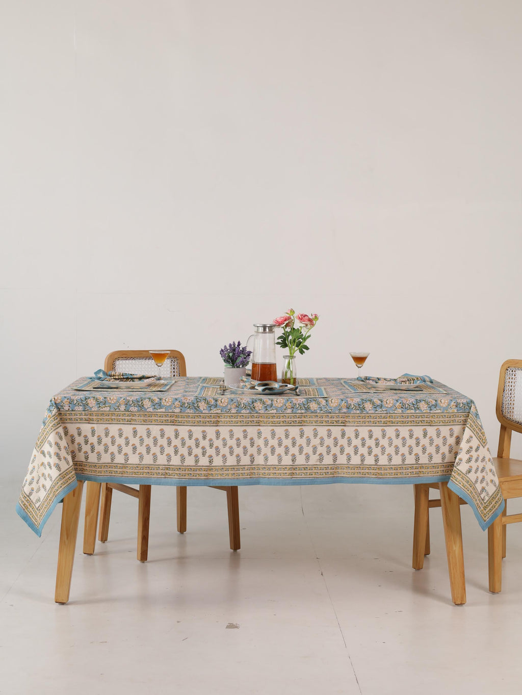 Blue & Gold Floral Hand Block Print Cotton Tablecloth (60 x 90) – Elegant Jaipur Dining Table Cover