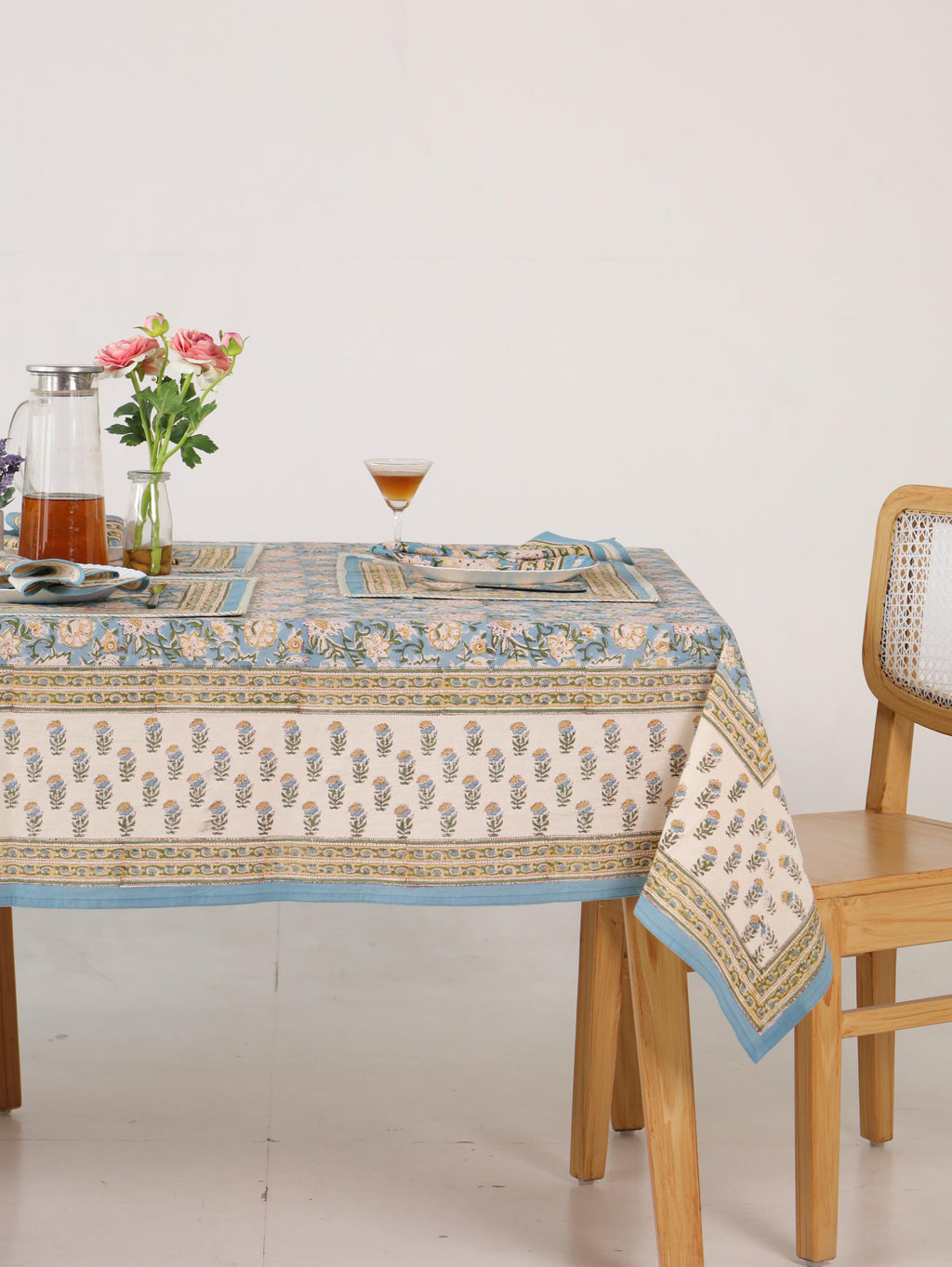 Blue & Gold Floral Hand Block Print Cotton Tablecloth (60 x 90) – Elegant Jaipur Dining Table Cover