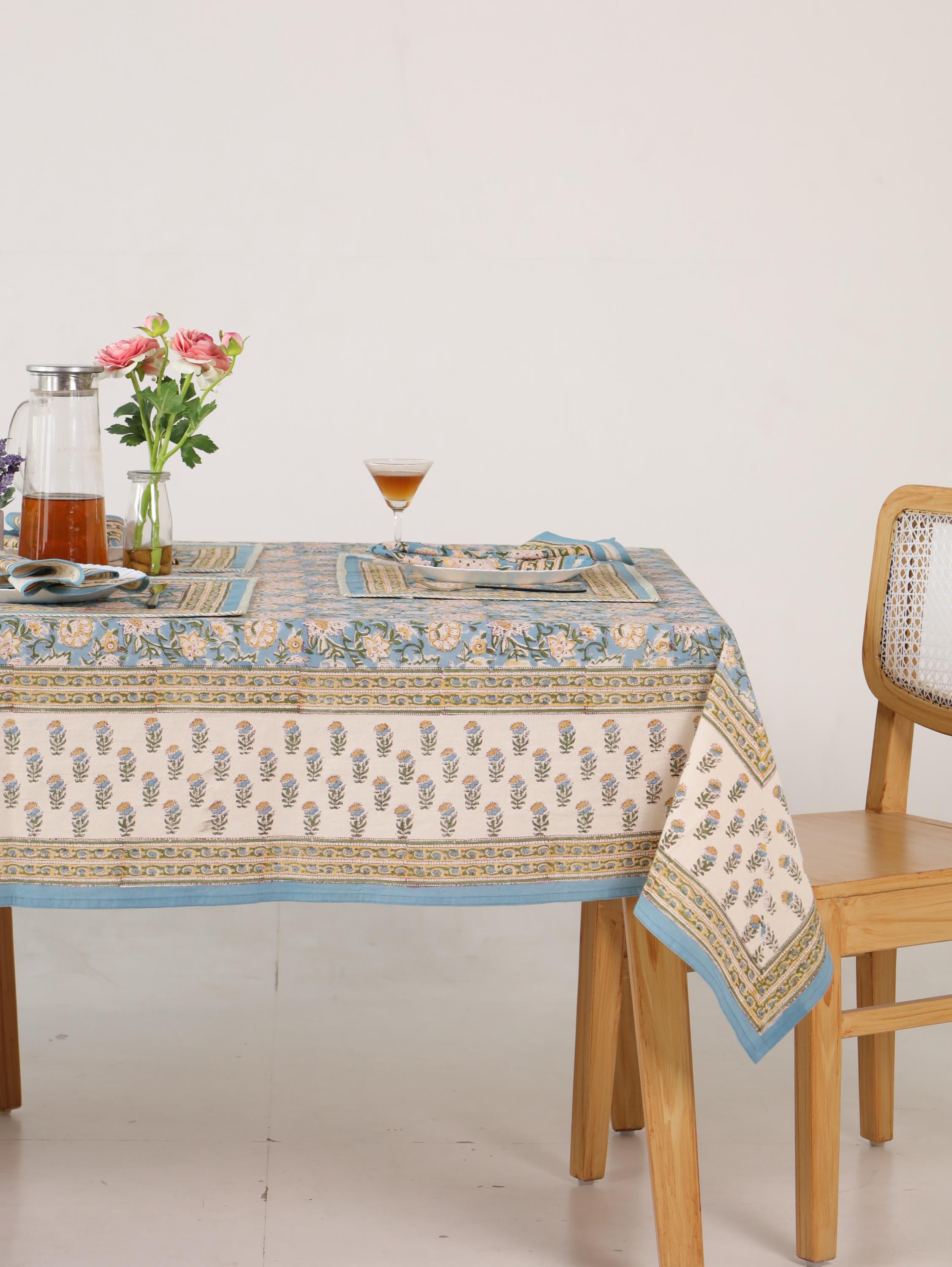 Blue & Gold Floral Hand Block Print Cotton Tablecloth (60 x 90) – Elegant Jaipur Dining Table Cover