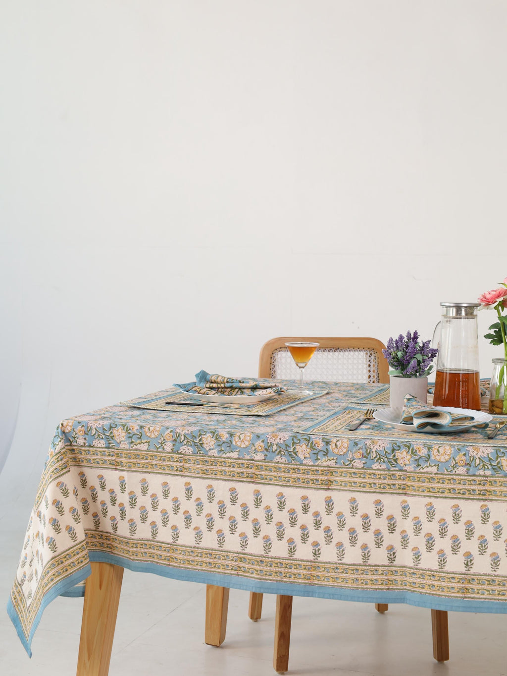 Blue & Gold Floral Hand Block Print Cotton Tablecloth (60 x 90) – Elegant Jaipur Dining Table Cover