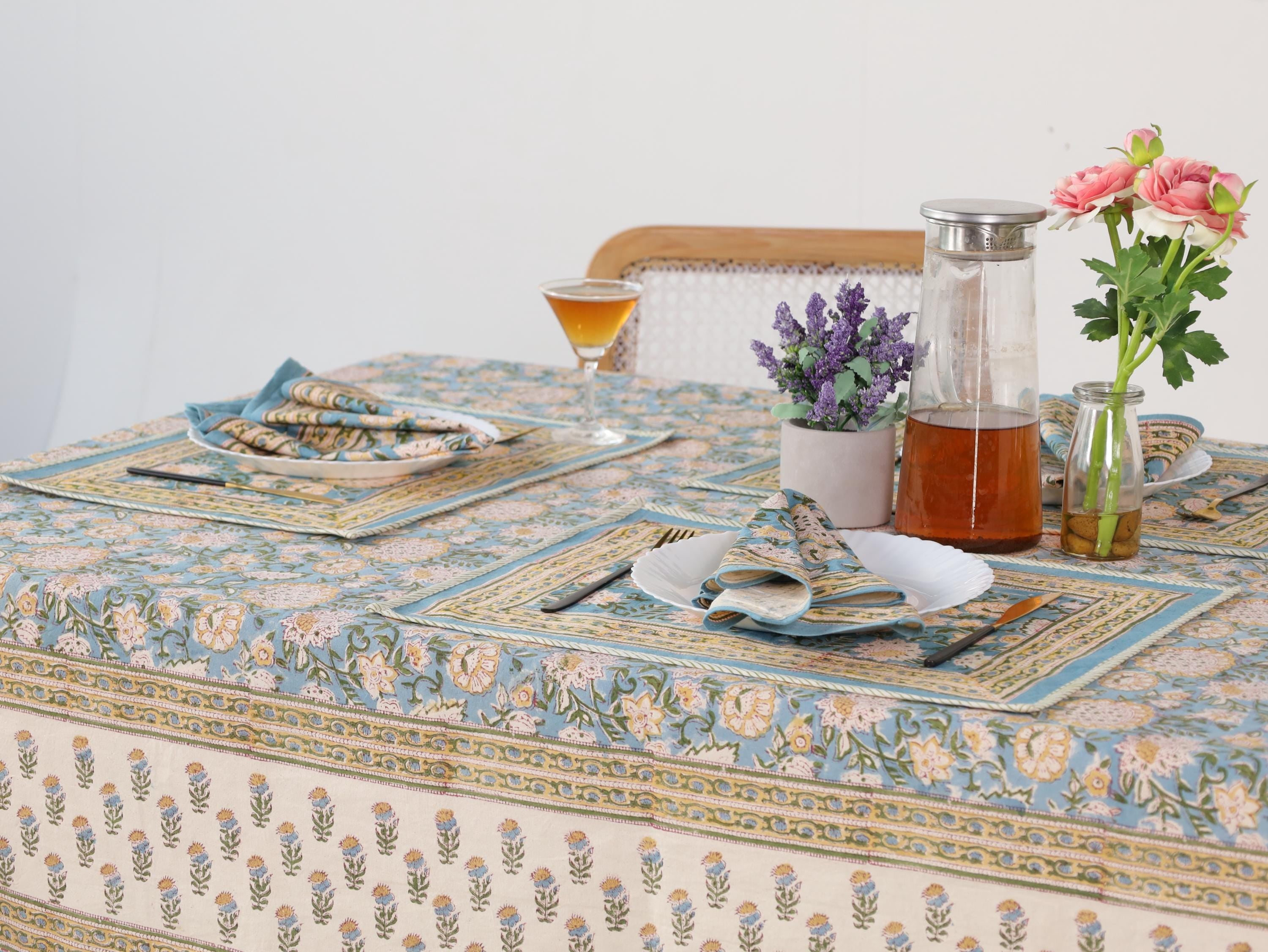 Blue & Gold Floral Hand Block Print Cotton Tablecloth (60 x 90) – Elegant Jaipur Dining Table Cover