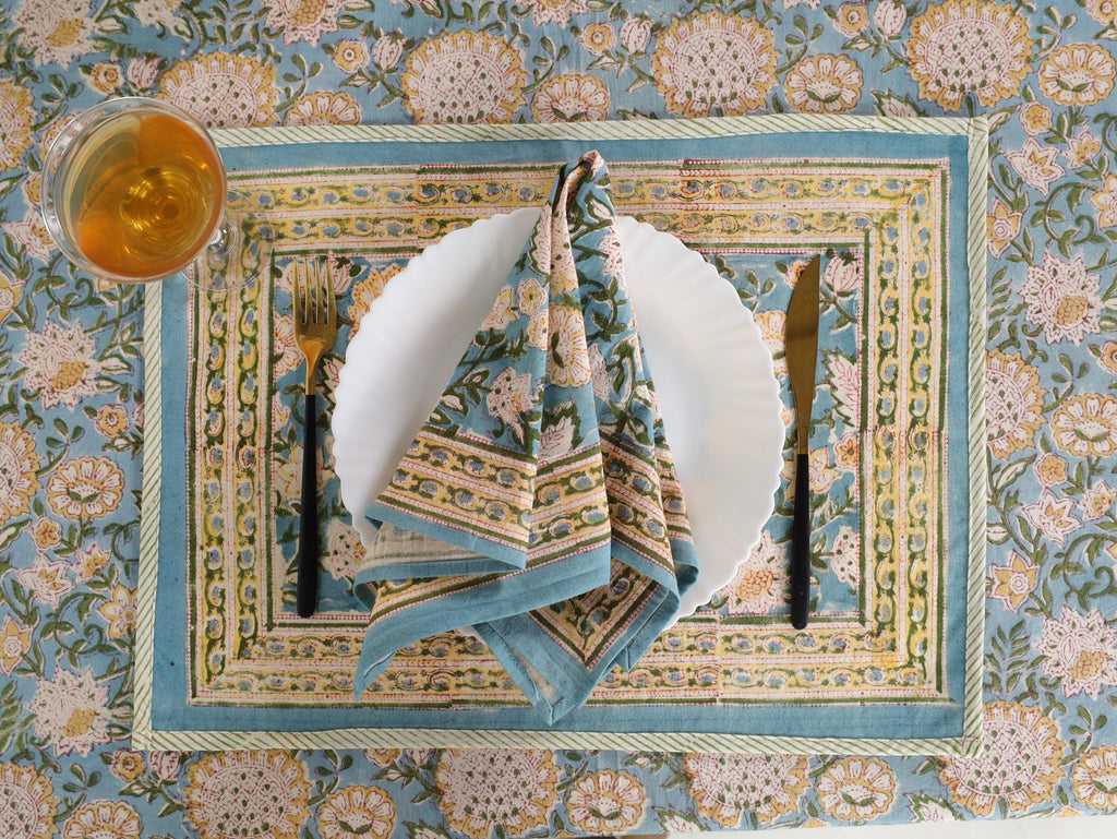 Blue & Gold Floral Hand Block Print Cotton Tablecloth (60 x 90) – Elegant Jaipur Dining Table Cover
