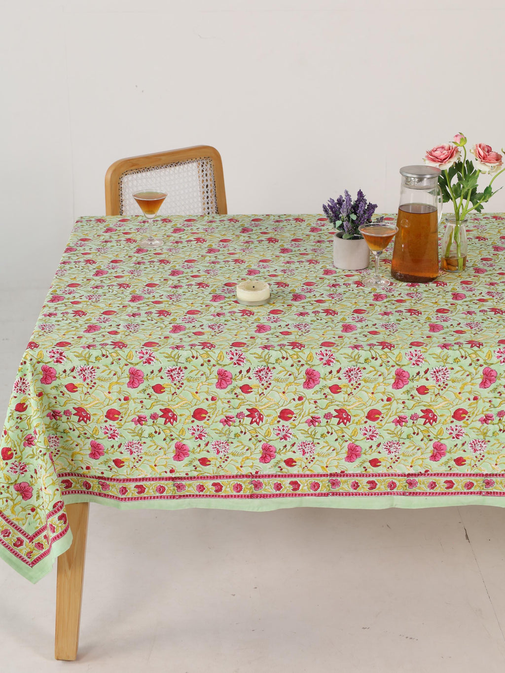 Pink & Red Floral Hand Block Print Cotton Tablecloth – Elegant Jaipur Dining Table Cover