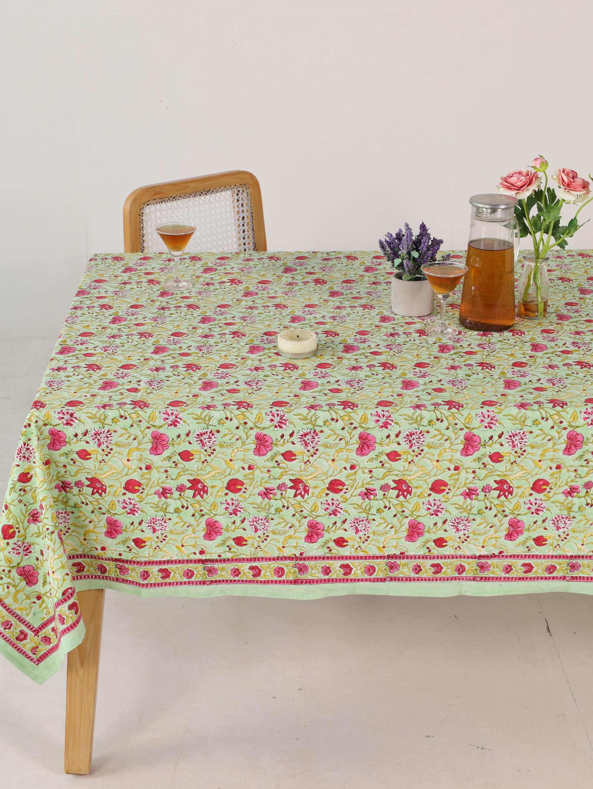 Pink & Red Floral Hand Block Print Cotton Tablecloth – Elegant Jaipur Dining Table Cover