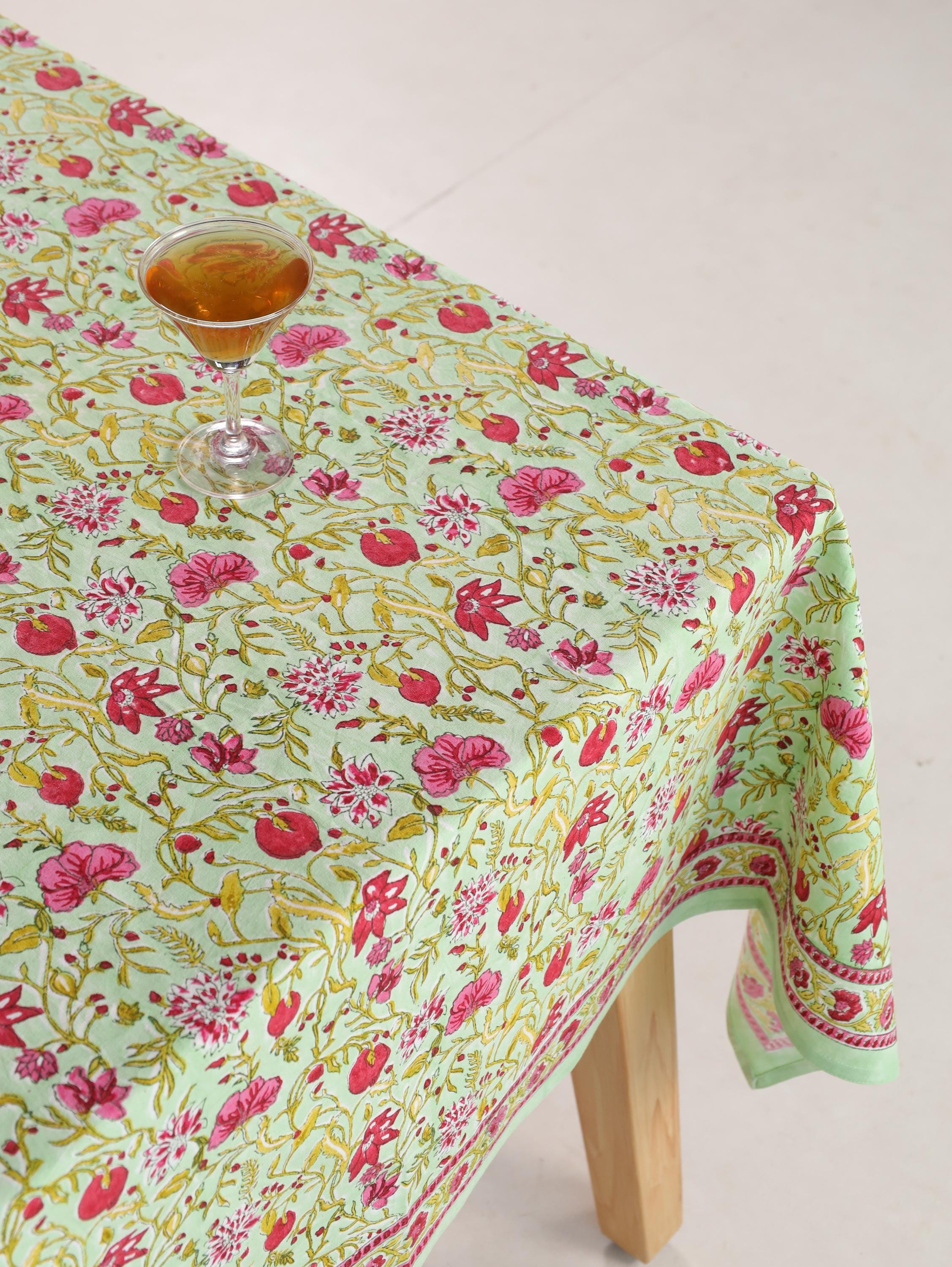Pink & Red Floral Hand Block Print Cotton Tablecloth – Elegant Jaipur Dining Table Cover