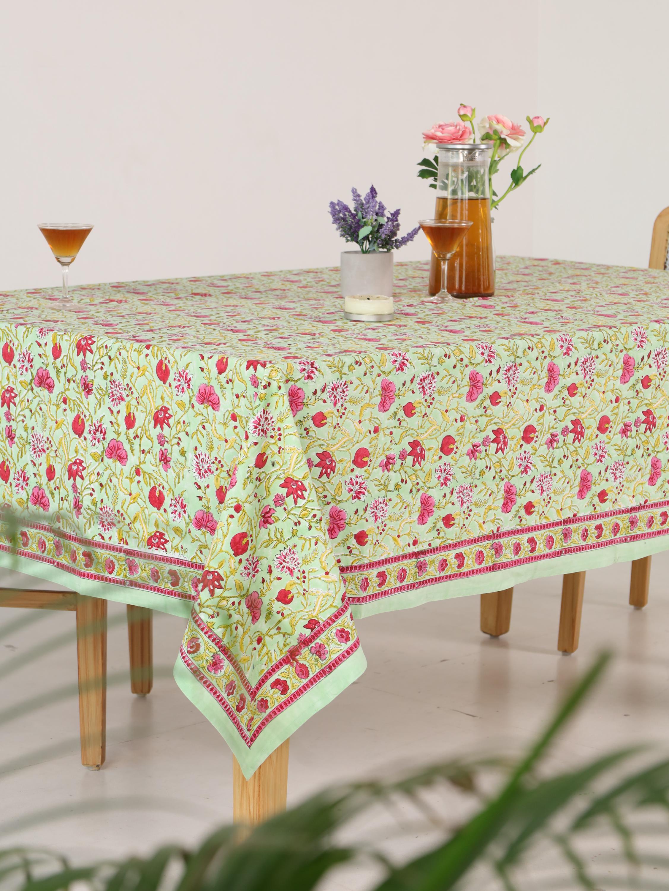 Pink & Red Floral Hand Block Print Cotton Tablecloth – Elegant Jaipur Dining Table Cover