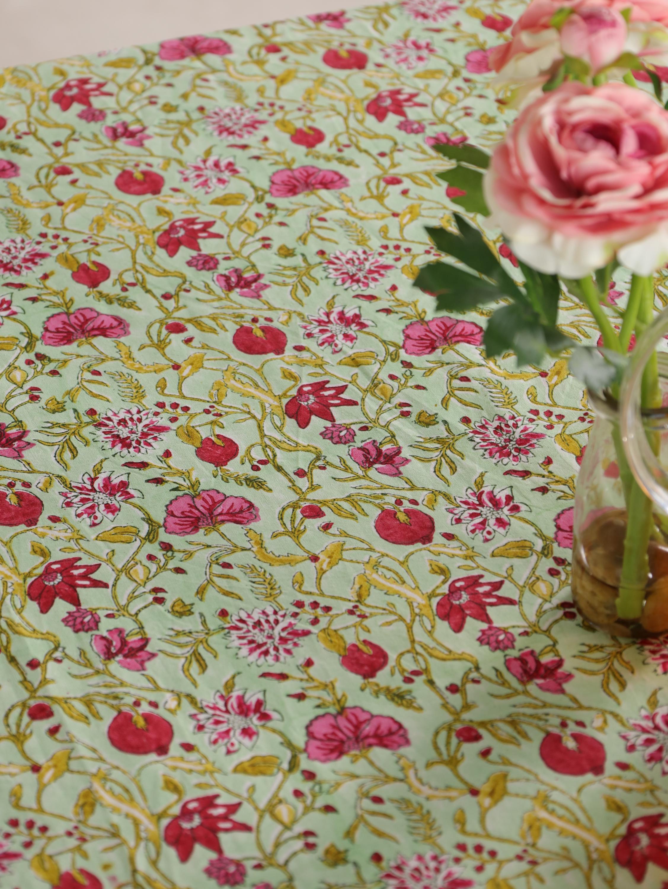 Pink & Red Floral Hand Block Print Cotton Tablecloth – Elegant Jaipur Dining Table Cover