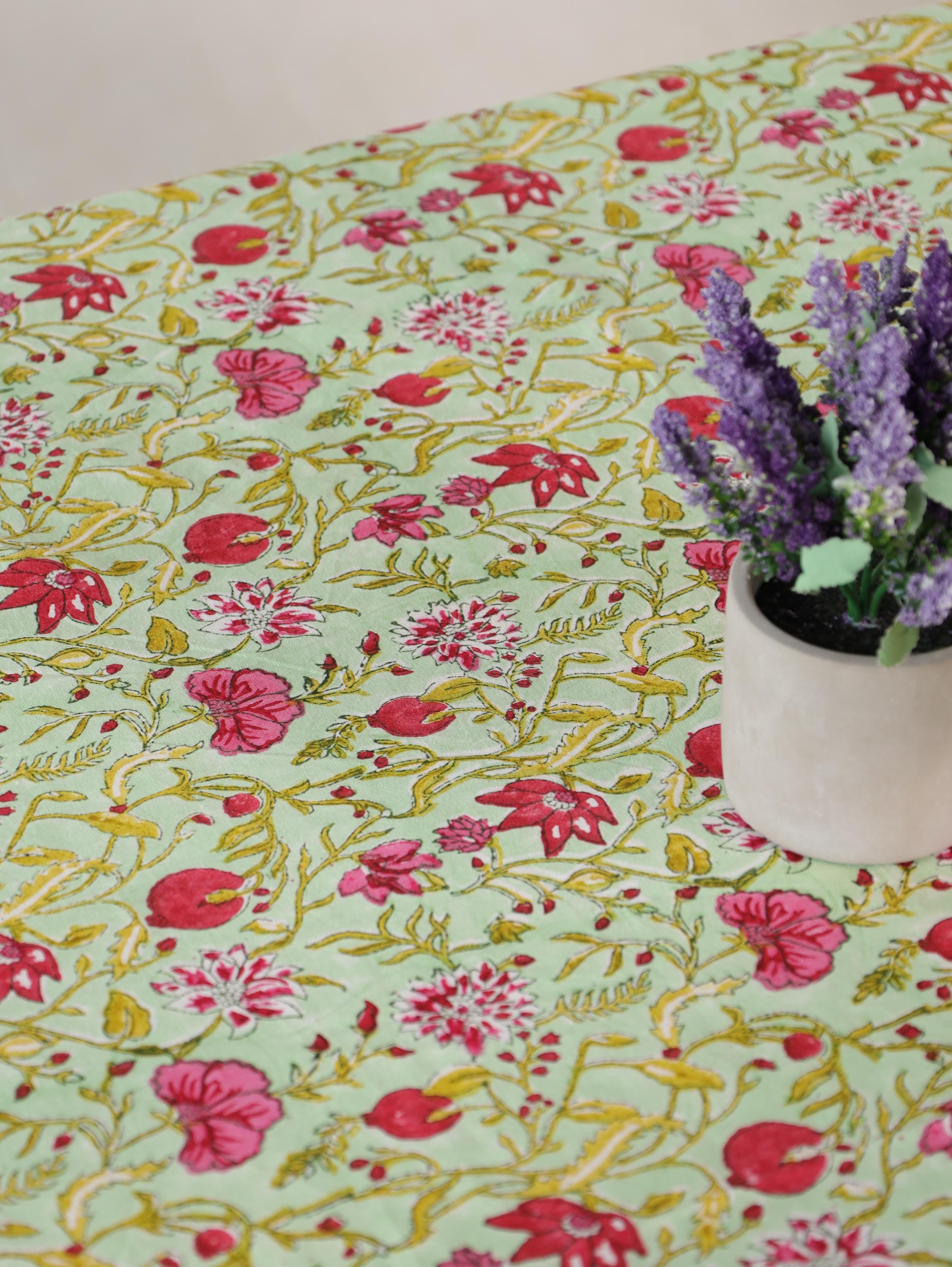 Pink & Red Floral Hand Block Print Cotton Tablecloth – Elegant Jaipur Dining Table Cover
