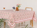 Luxury Floral Block Printed Tablecloth - Handmade Cotton Dining Table Cover with Pink Floral
