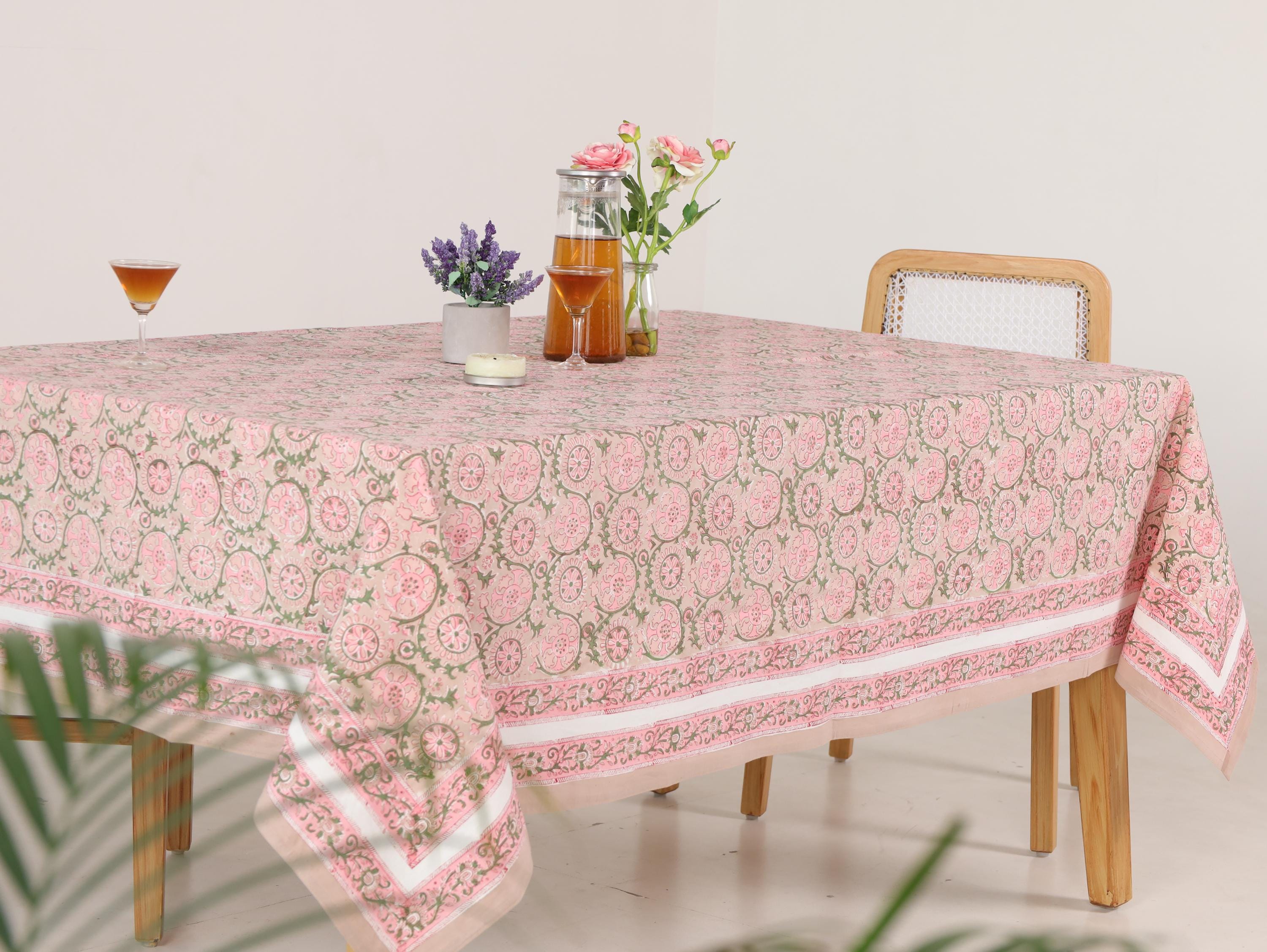 Luxury Floral Block Printed Tablecloth - Handmade Cotton Dining Table Cover with Pink Floral