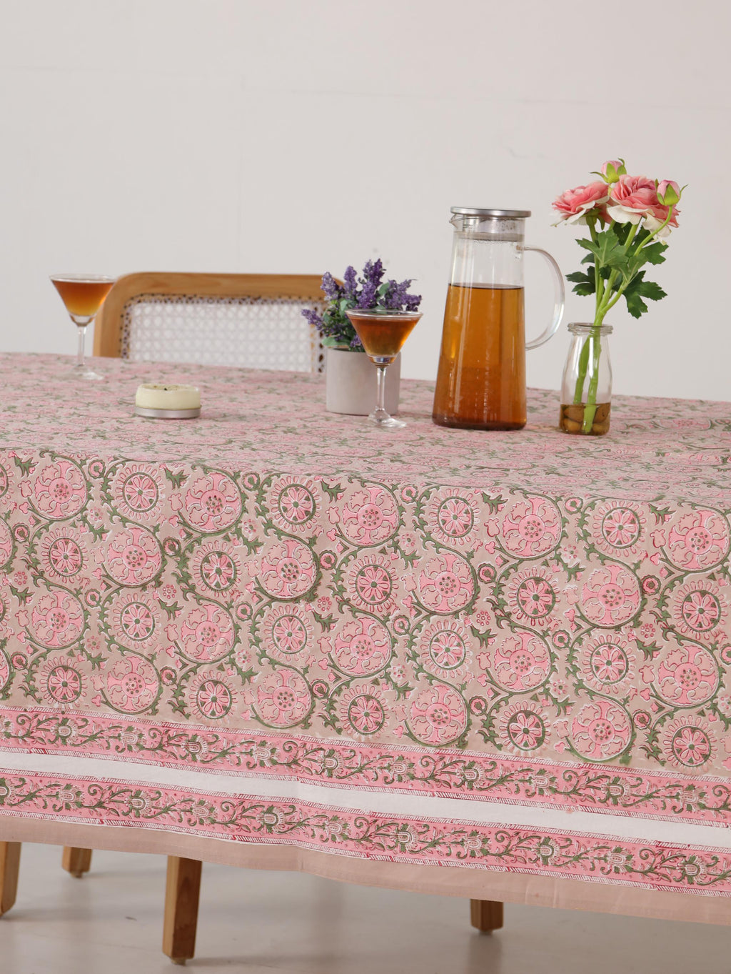 Luxury Floral Block Printed Tablecloth - Handmade Cotton Dining Table Cover with Pink Floral