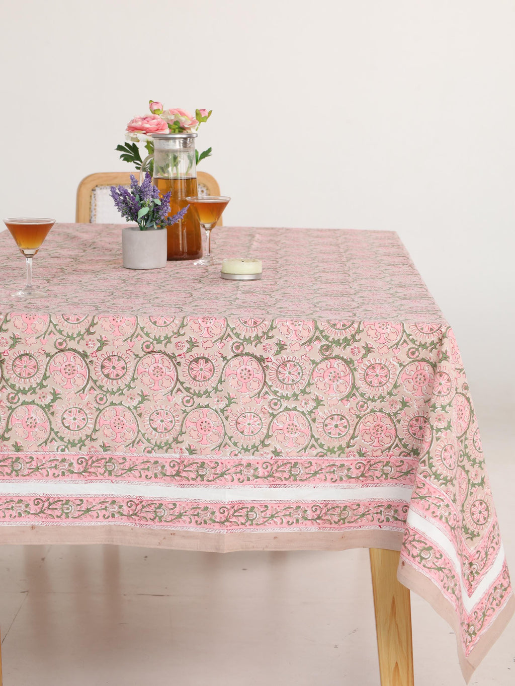 Luxury Floral Block Printed Tablecloth - Handmade Cotton Dining Table Cover with Pink Floral