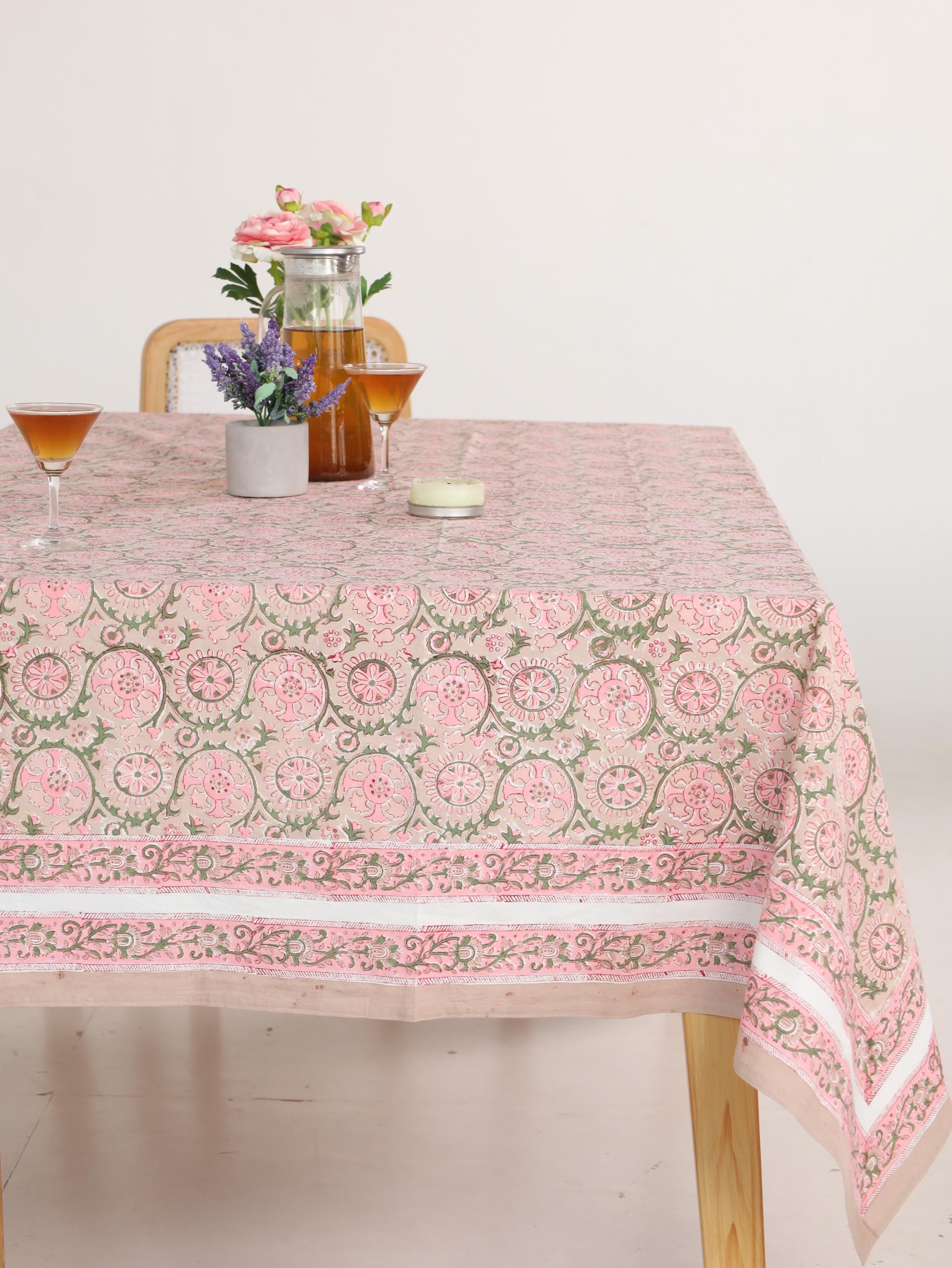 Luxury Floral Block Printed Tablecloth - Handmade Cotton Dining Table Cover with Pink Floral