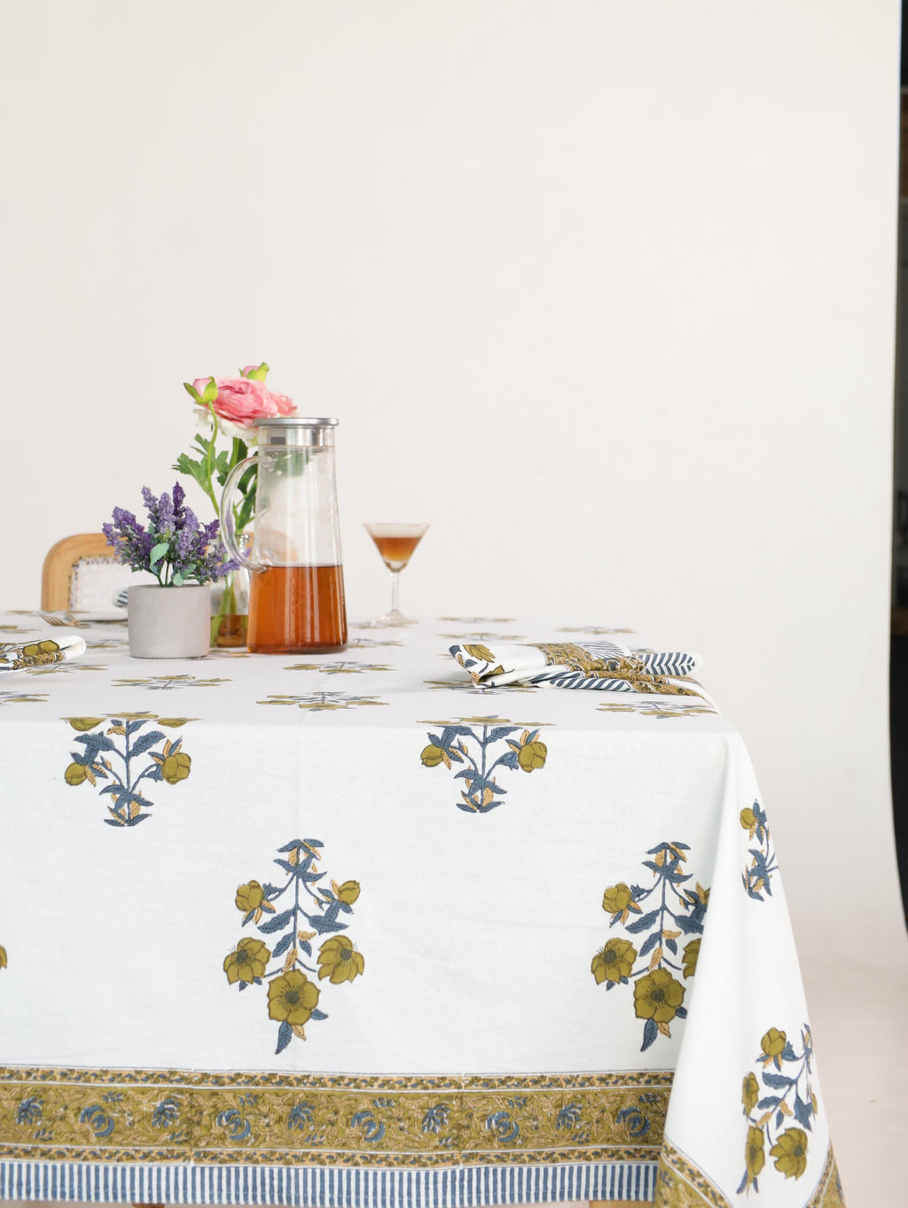 Yellow Floral Hand Block Print Cotton Tablecloth (60 x 90) – Elegant Jaipur Dining Décor