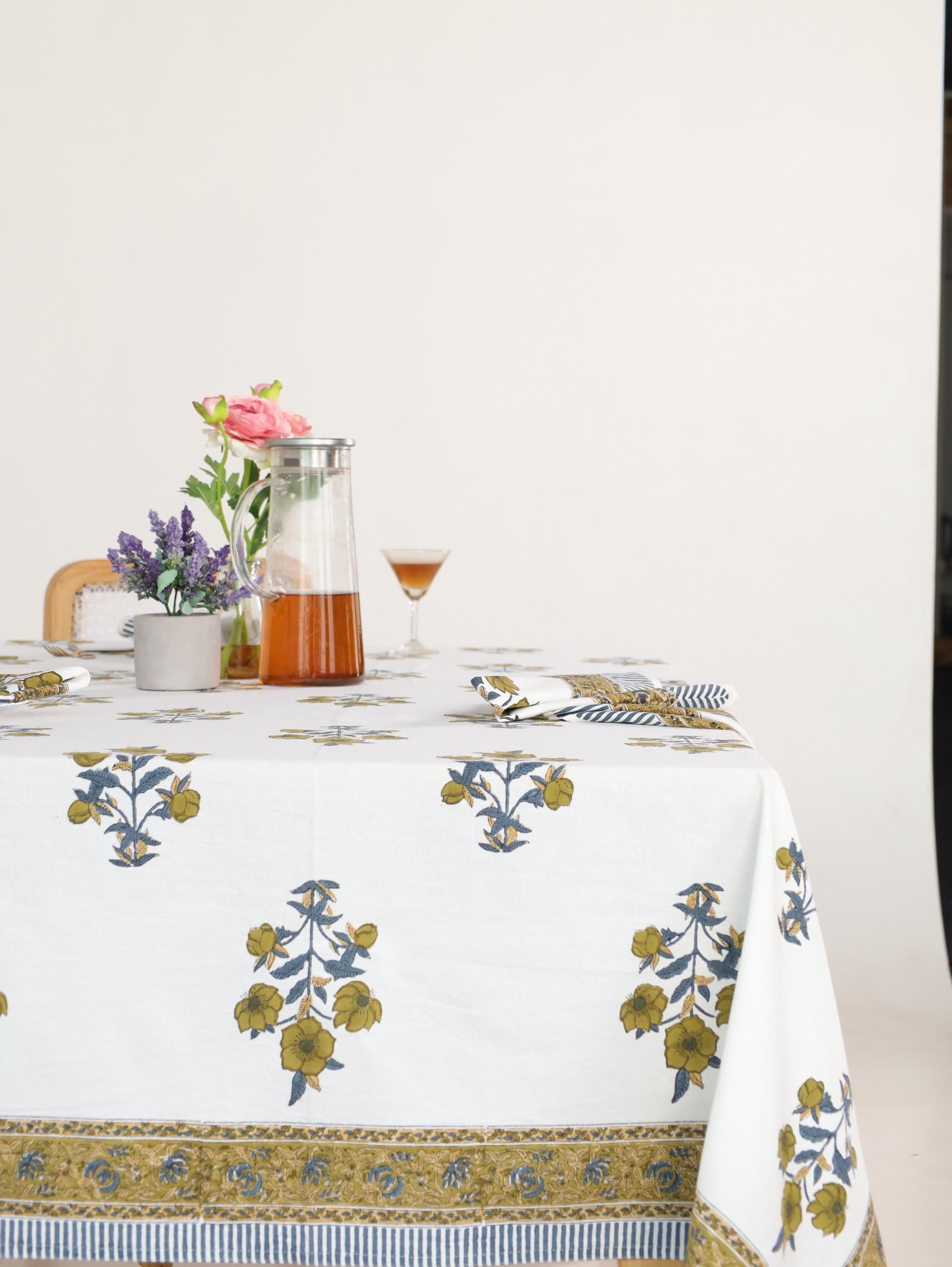 Yellow Floral Hand Block Print Cotton Tablecloth (60 x 90) – Elegant Jaipur Dining Décor