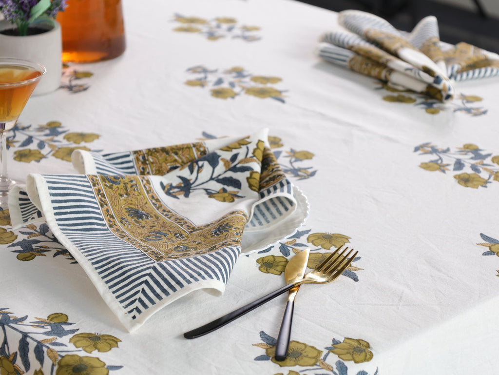 Yellow Floral Hand Block Print Cotton Tablecloth (60 x 90) – Elegant Jaipur Dining Décor