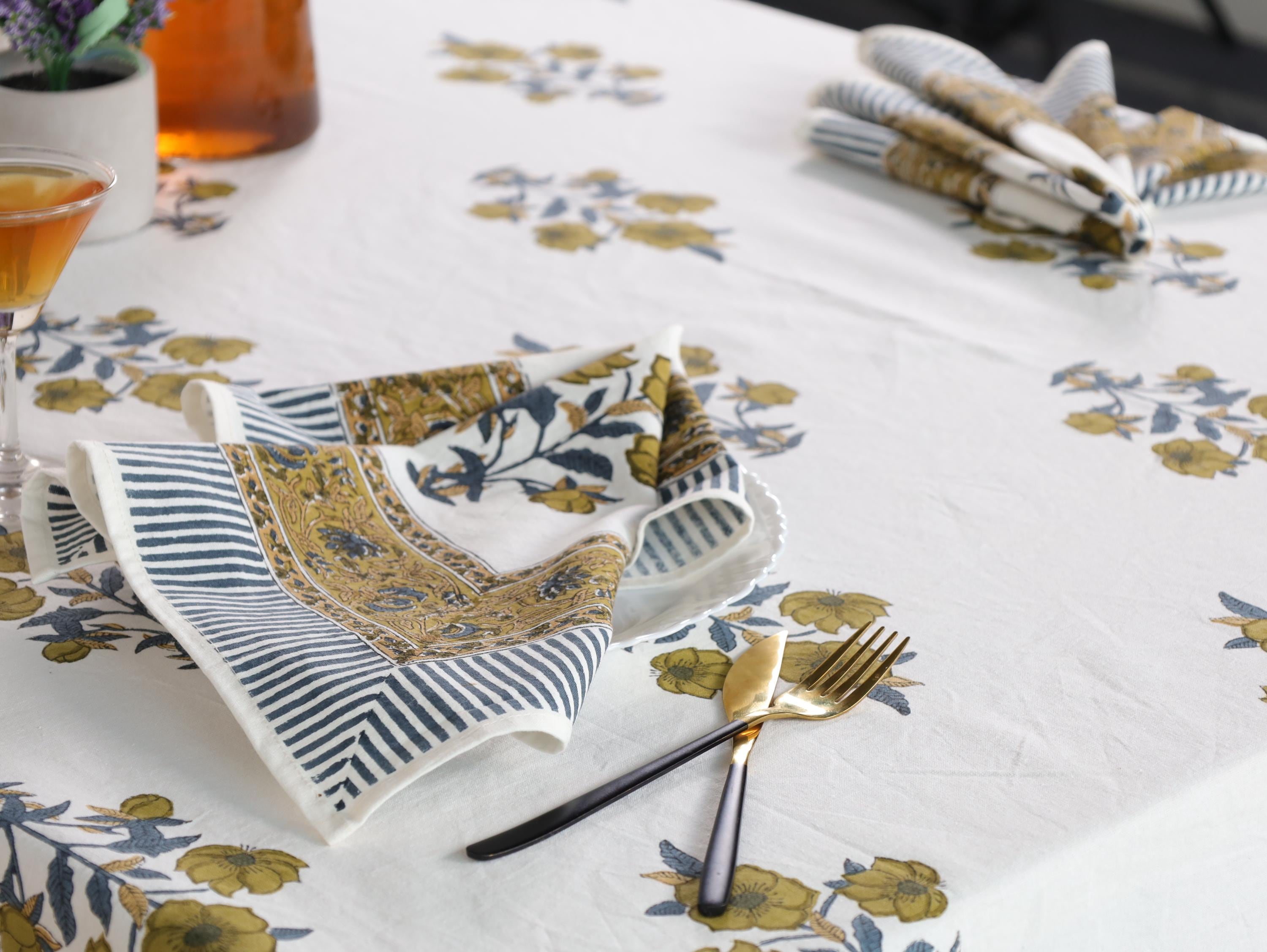 Yellow Floral Hand Block Print Cotton Tablecloth (60 x 90) – Elegant Jaipur Dining Décor
