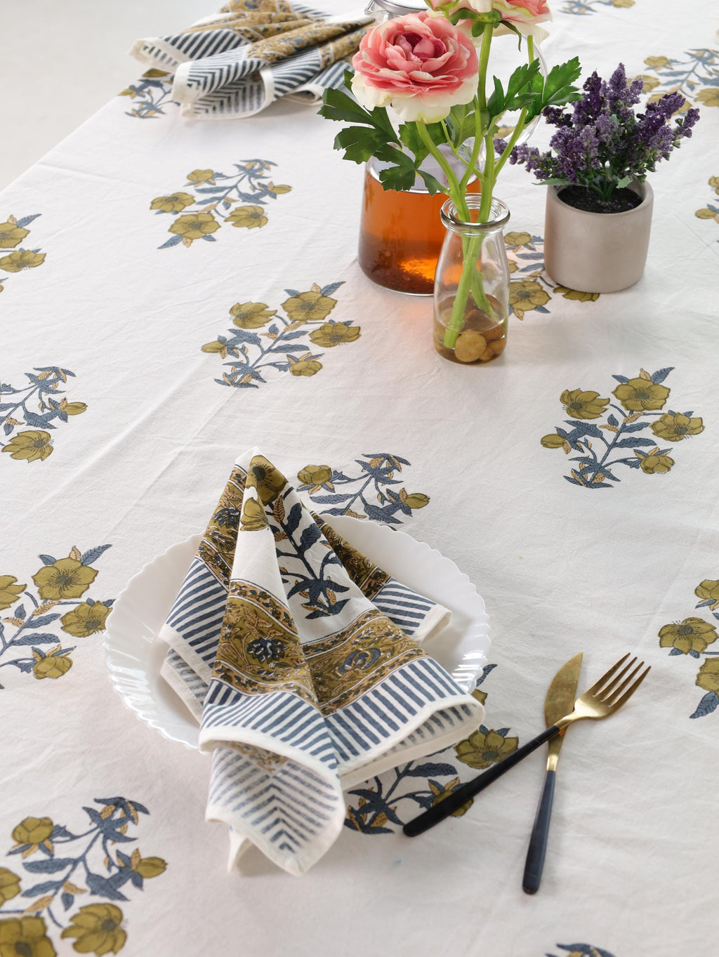 Yellow Floral Hand Block Print Cotton Tablecloth (60 x 90) – Elegant Jaipur Dining Décor
