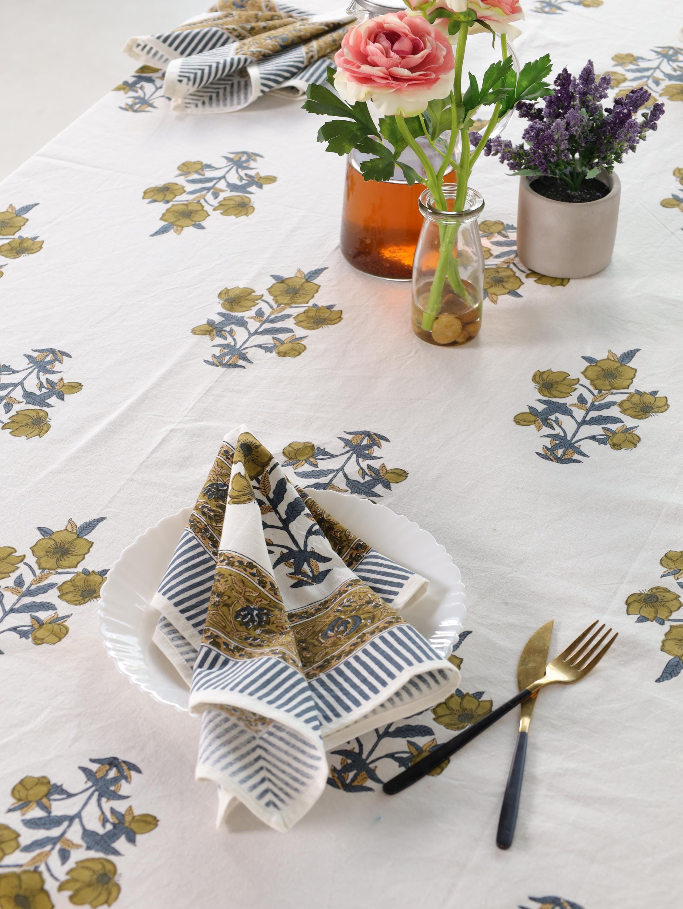 Yellow Floral Hand Block Print Cotton Tablecloth (60 x 90) – Elegant Jaipur Dining Décor