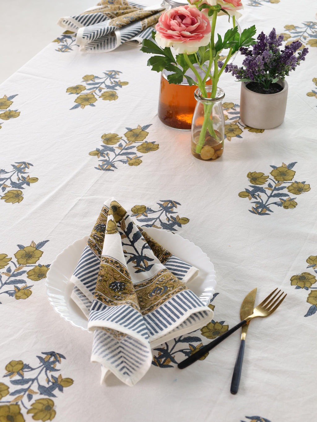 Yellow Floral Hand Block Print Cotton Tablecloth (60 x 90) – Elegant Jaipur Dining Décor