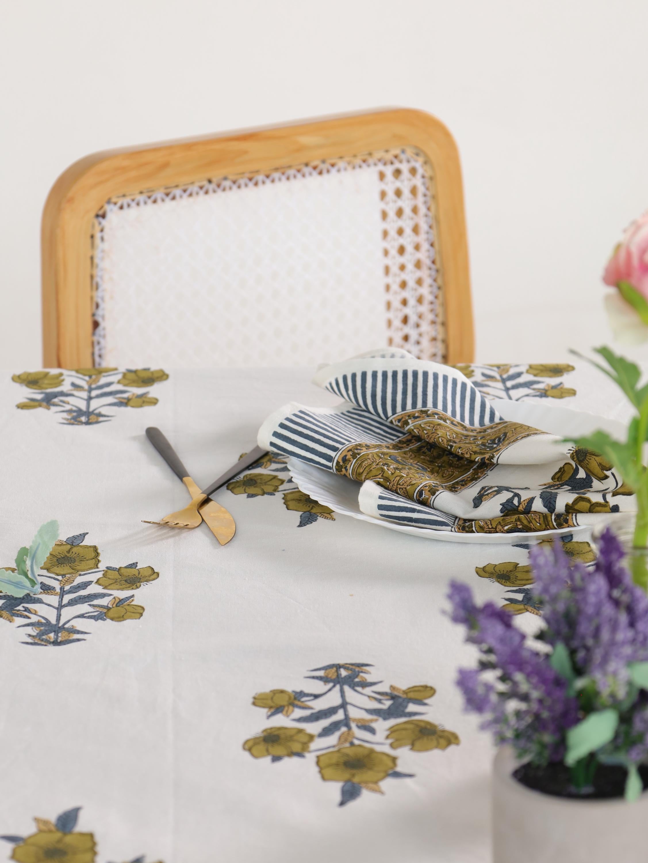 Yellow Floral Hand Block Print Cotton Tablecloth (60 x 90) – Elegant Jaipur Dining Décor